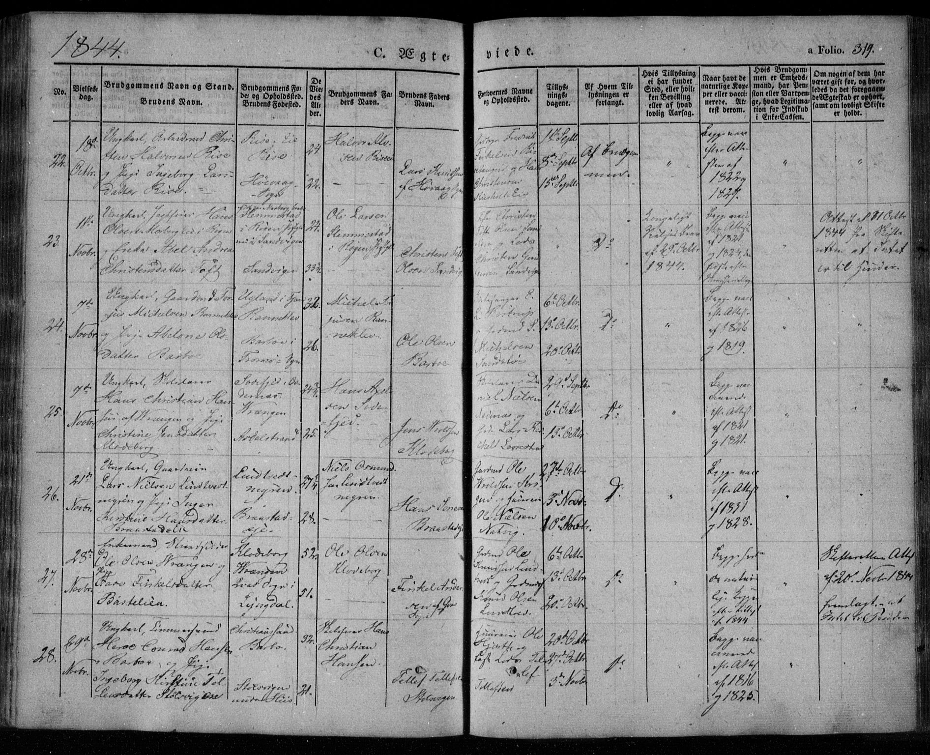 Øyestad sokneprestkontor, AV/SAK-1111-0049/F/Fa/L0014: Parish register (official) no. A 14, 1843-1856, p. 319