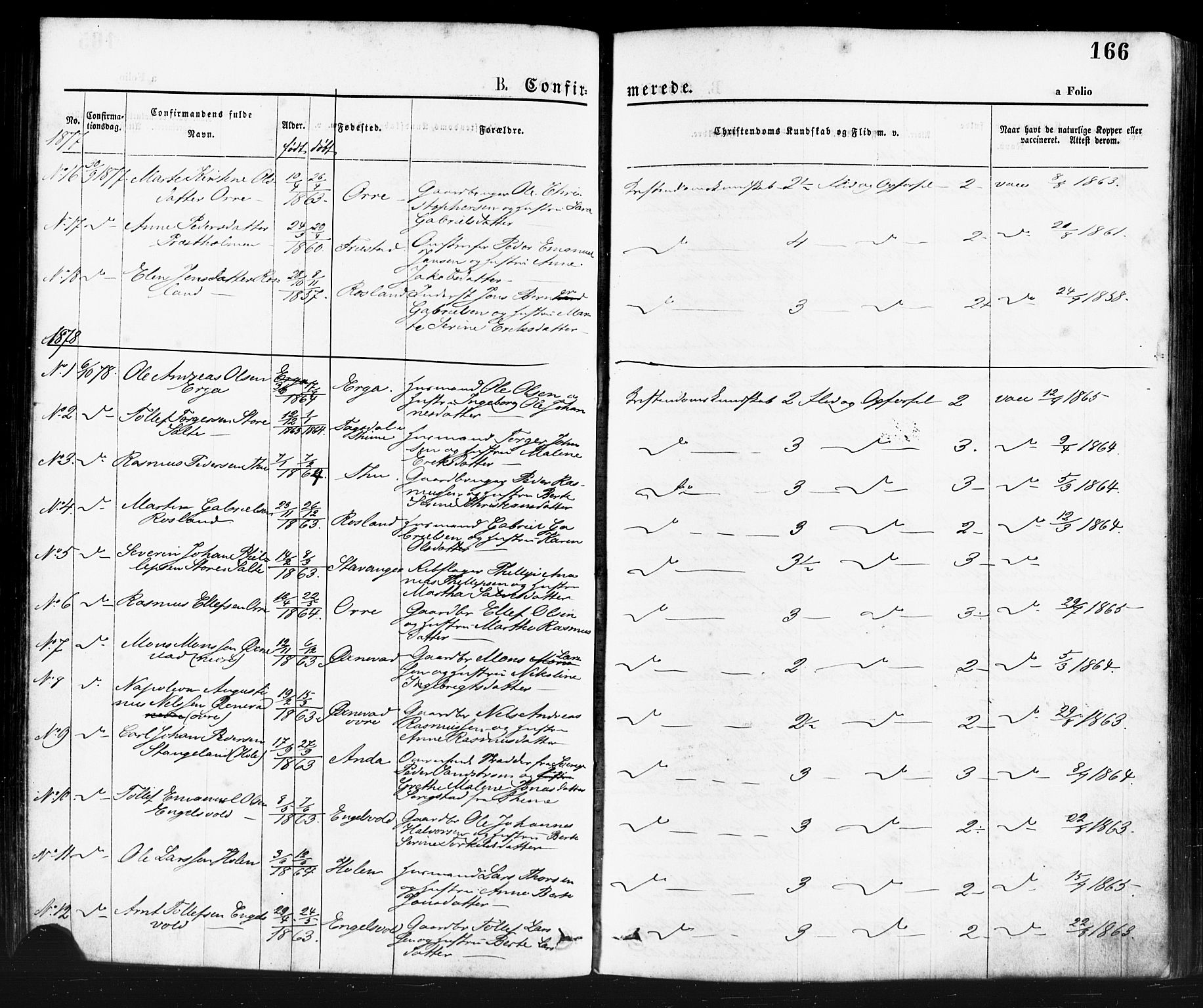 Klepp sokneprestkontor, AV/SAST-A-101803/001/3/30BA/L0006: Parish register (official) no. A 6, 1871-1885, p. 166