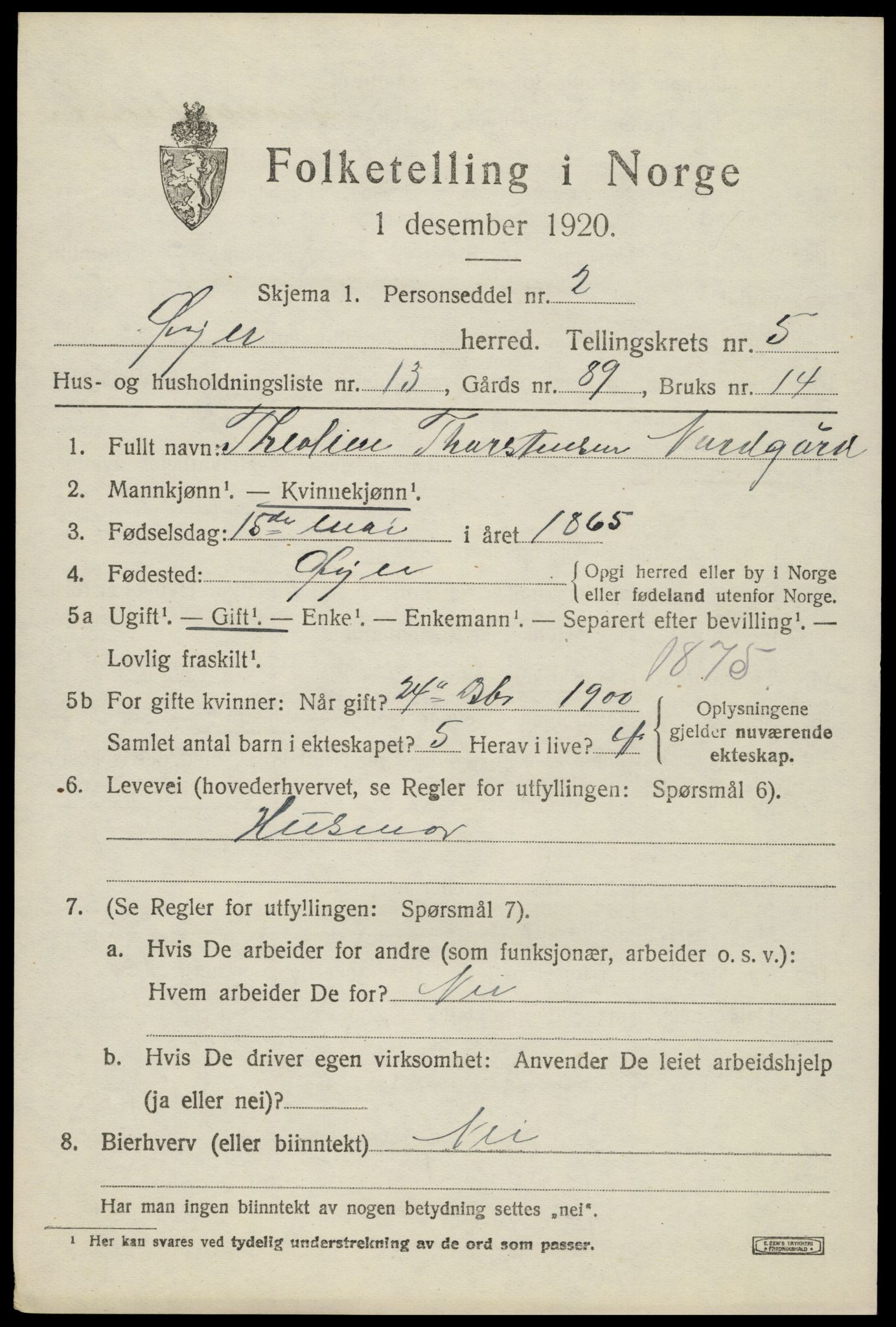 SAH, 1920 census for Øyer, 1920, p. 4565