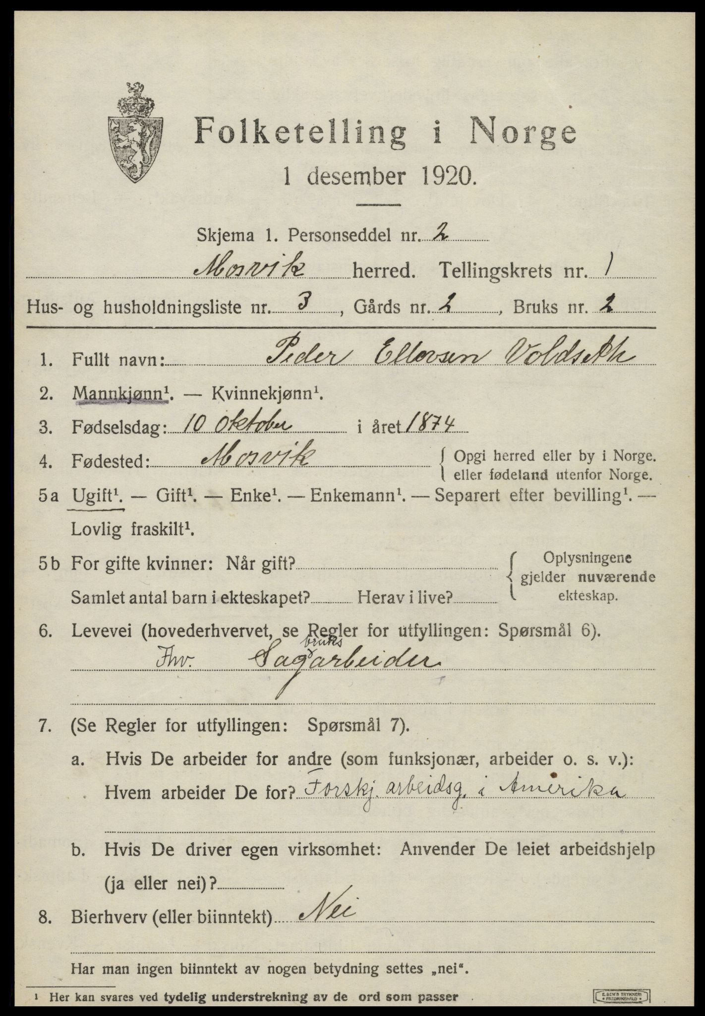 SAT, 1920 census for Mosvik, 1920, p. 394