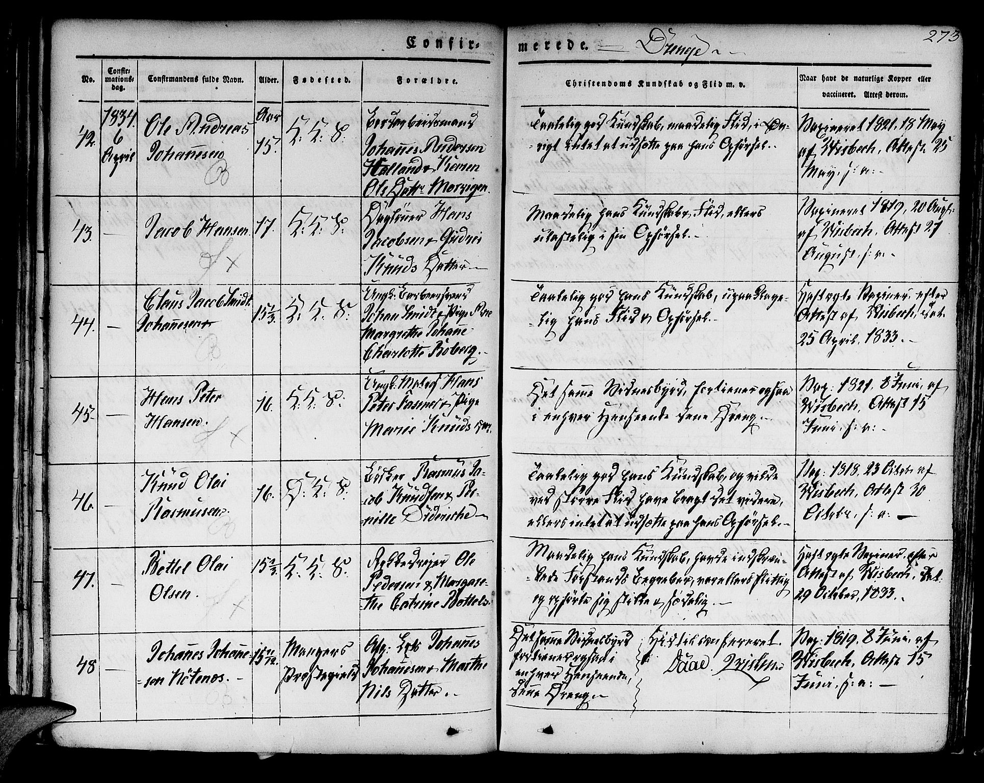 Korskirken sokneprestembete, AV/SAB-A-76101/H/Hab: Parish register (copy) no. A 5II, 1831-1844, p. 273