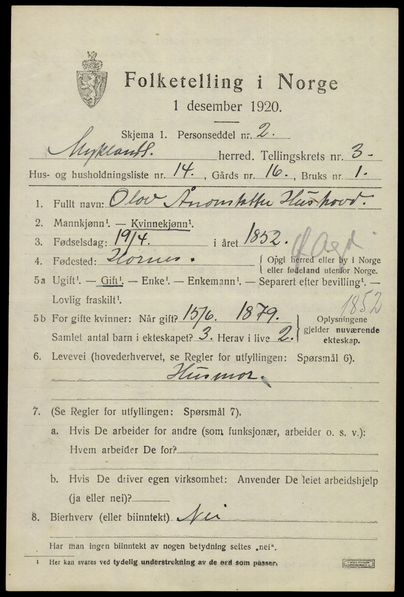 SAK, 1920 census for Mykland, 1920, p. 1316