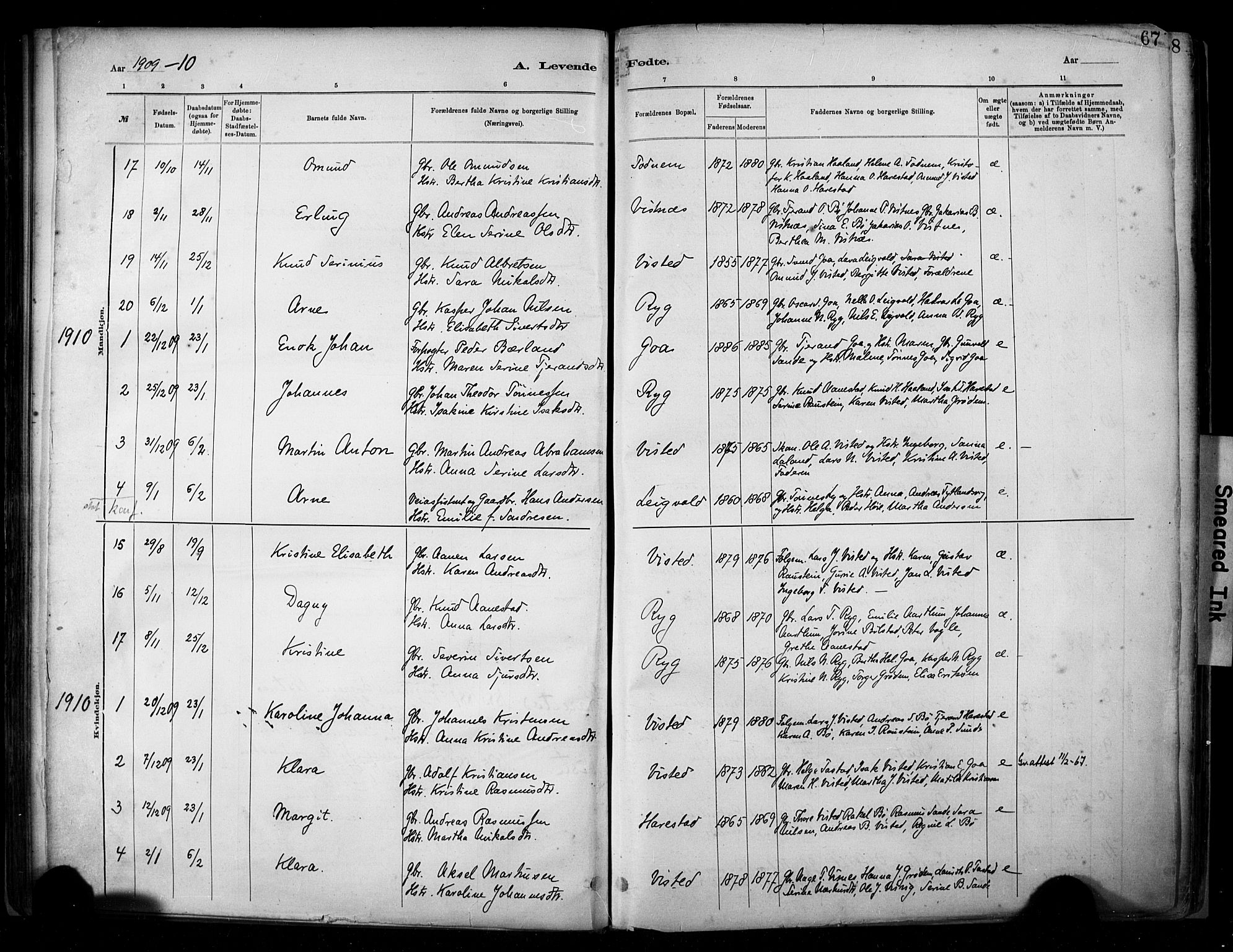 Hetland sokneprestkontor, SAST/A-101826/30/30BA/L0009: Parish register (official) no. A 9, 1882-1918, p. 67