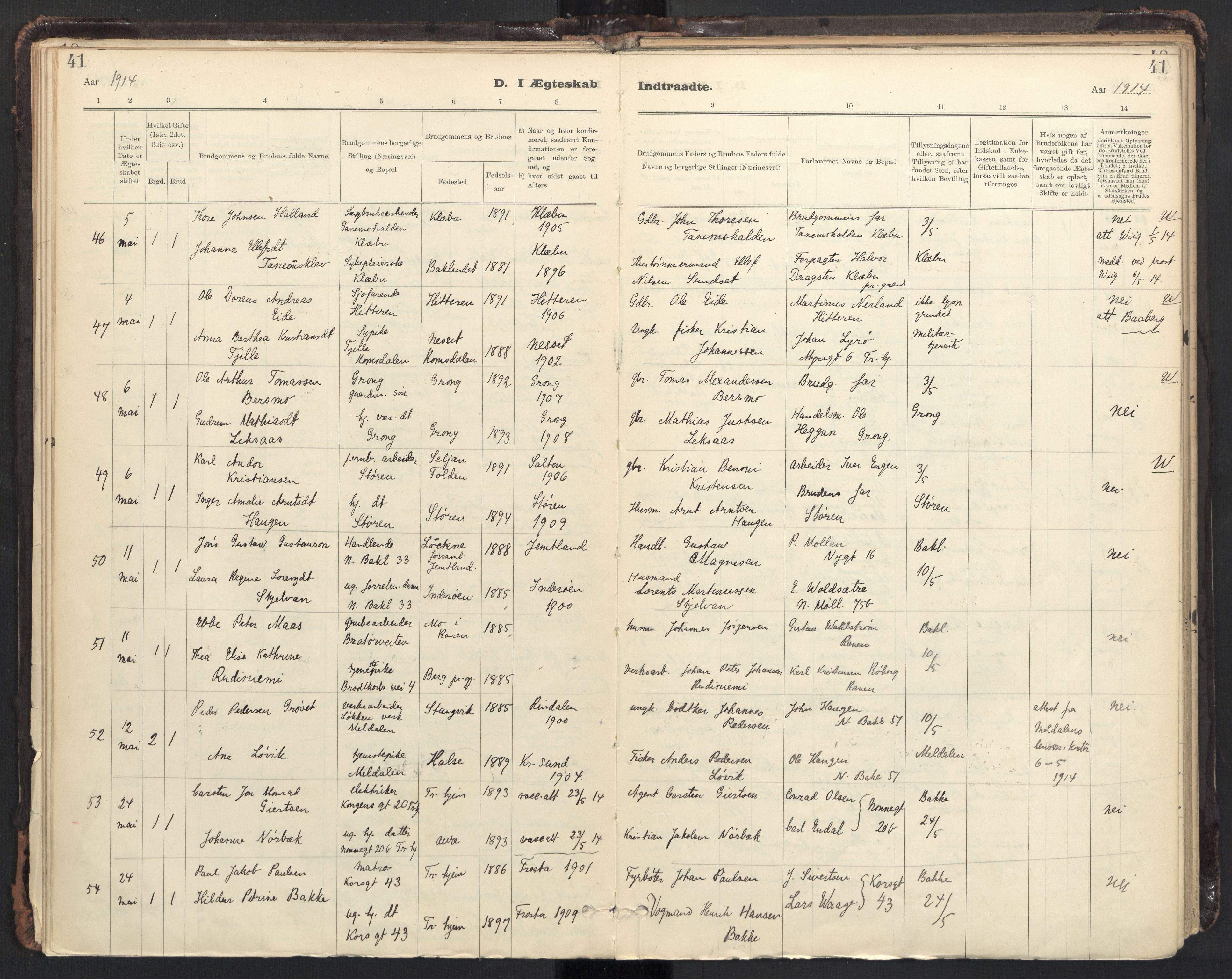 Ministerialprotokoller, klokkerbøker og fødselsregistre - Sør-Trøndelag, AV/SAT-A-1456/604/L0204: Parish register (official) no. 604A24, 1911-1920, p. 41