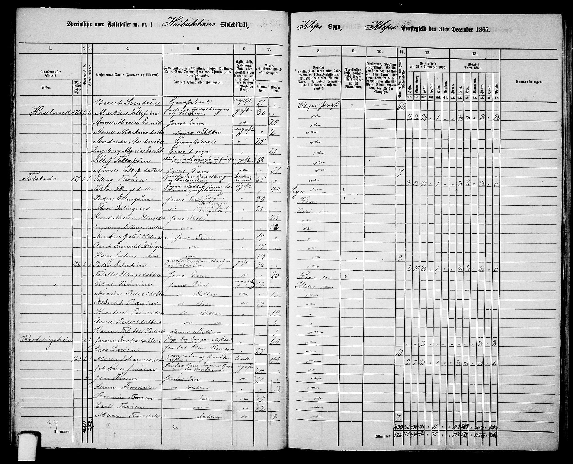 RA, 1865 census for Klepp, 1865, p. 27