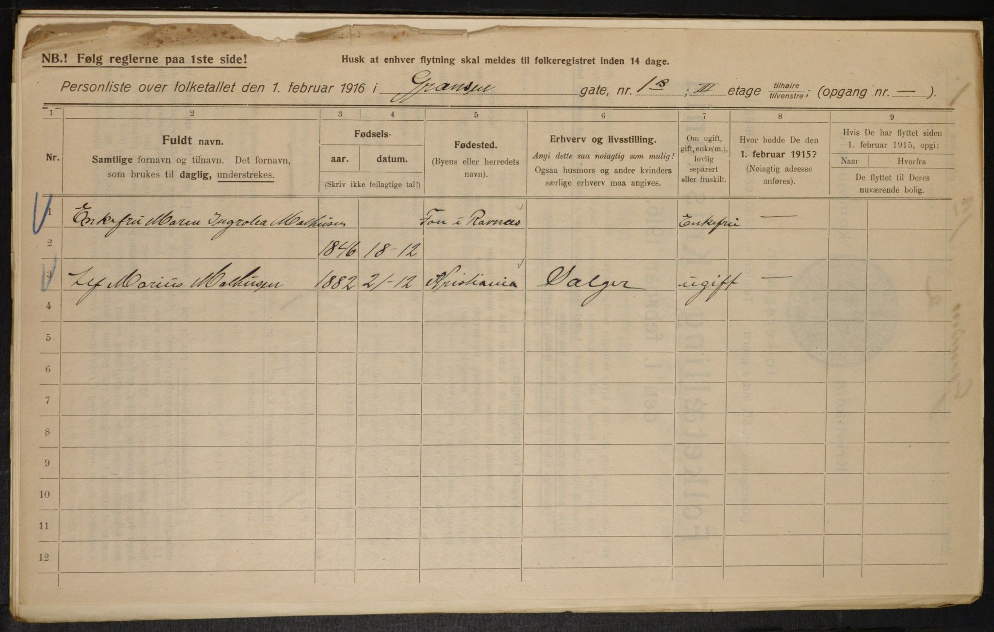 OBA, Municipal Census 1916 for Kristiania, 1916, p. 30278