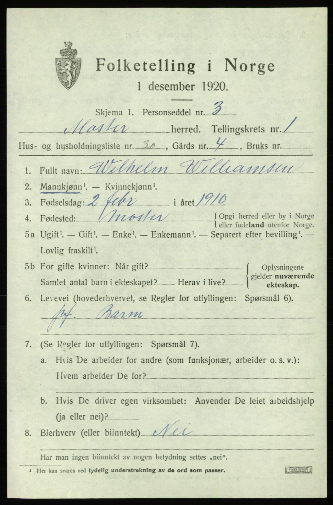 SAB, 1920 census for Moster, 1920, p. 811