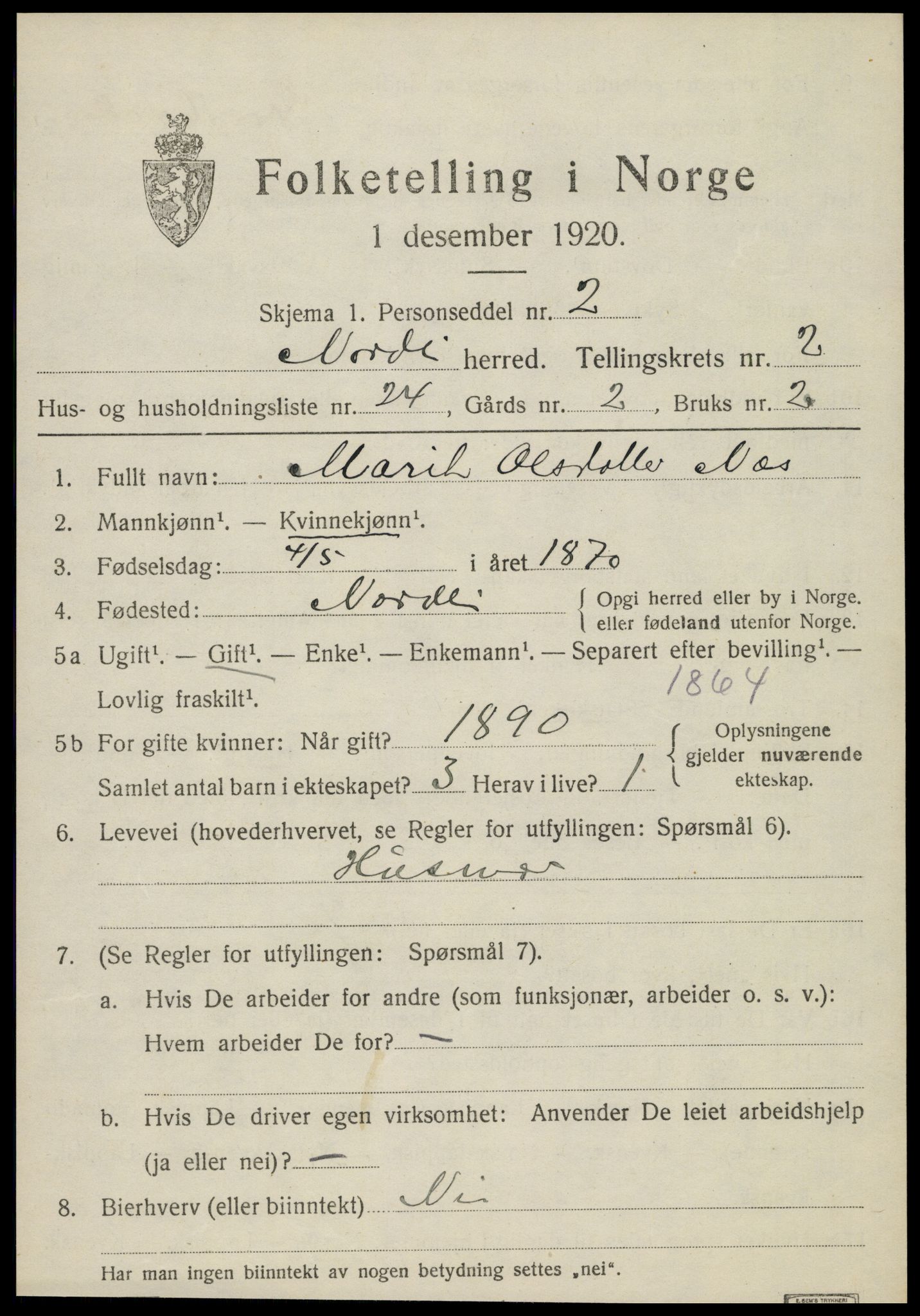 SAT, 1920 census for Nordli, 1920, p. 1103