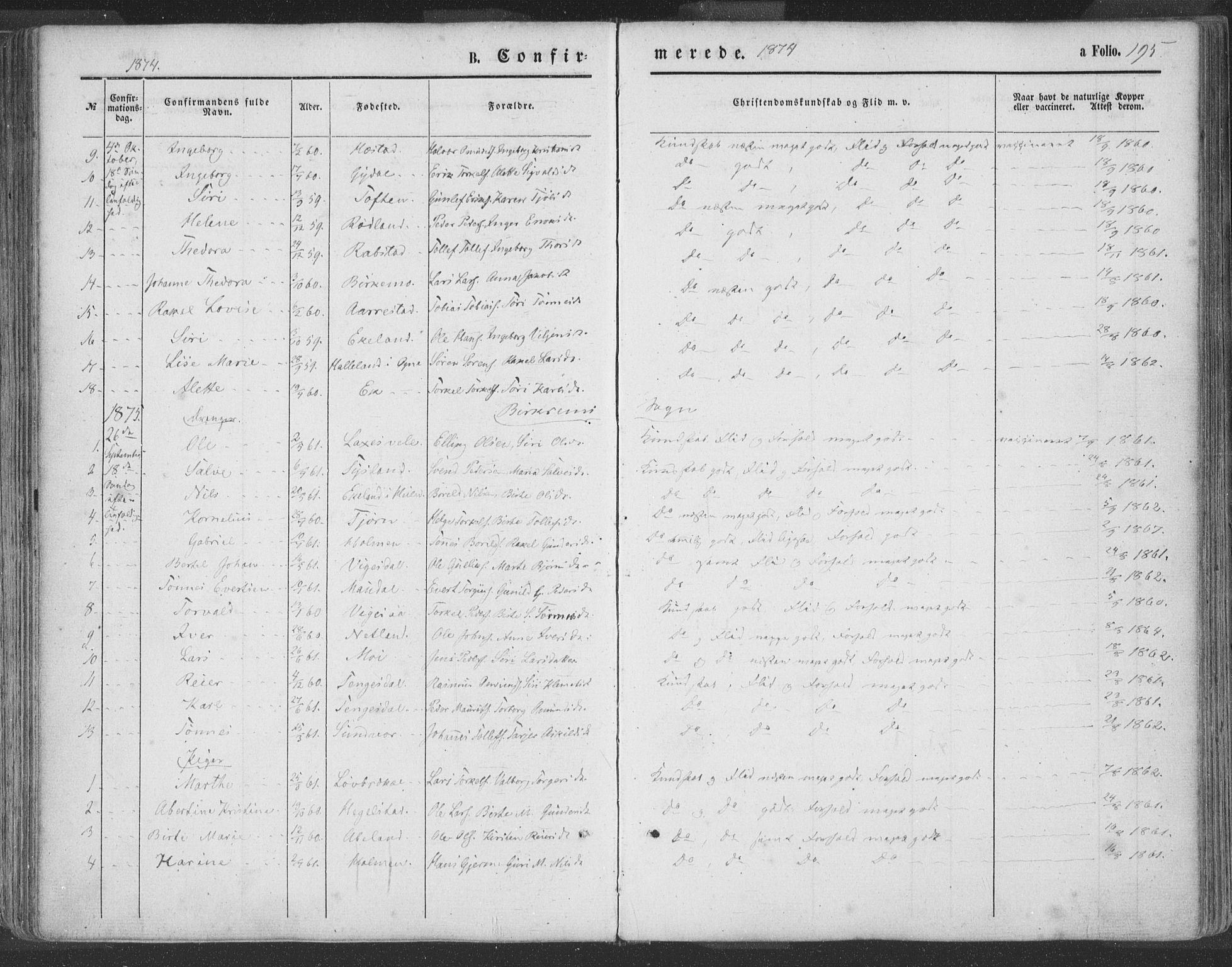 Helleland sokneprestkontor, SAST/A-101810: Parish register (official) no. A 7.1, 1863-1886, p. 195