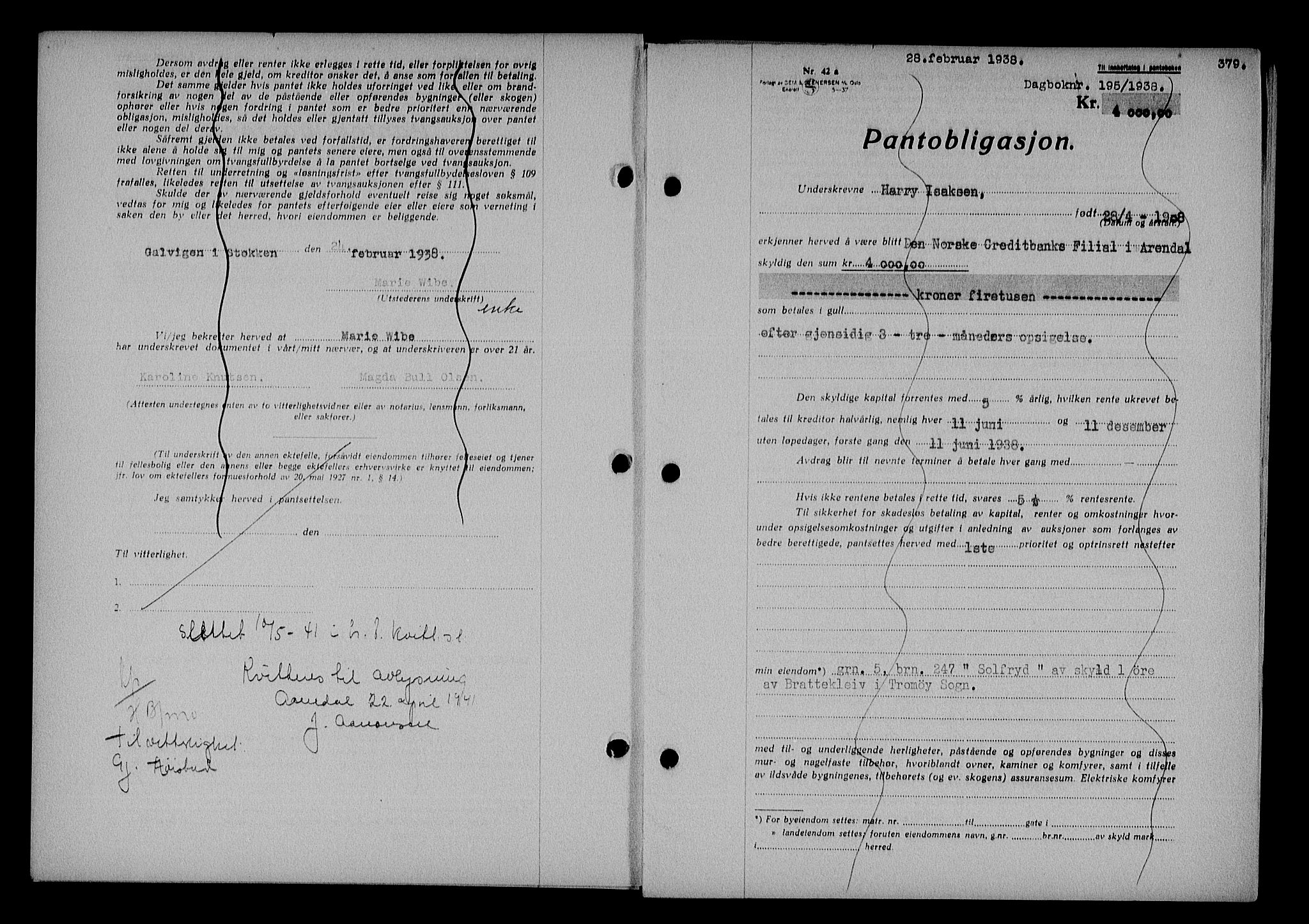Nedenes sorenskriveri, SAK/1221-0006/G/Gb/Gba/L0044: Mortgage book no. 40, 1937-1938, Diary no: : 195/1938