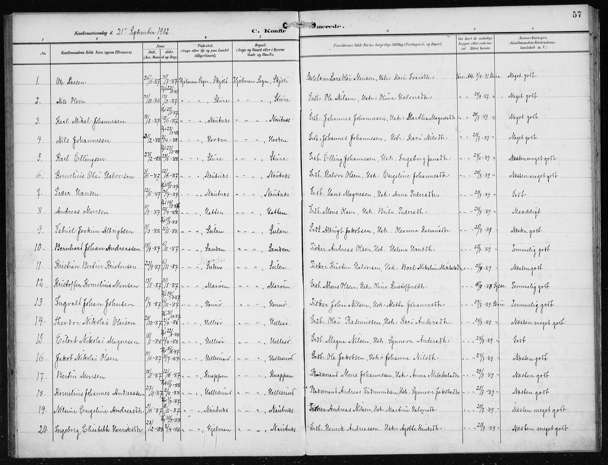 Herdla Sokneprestembete, AV/SAB-A-75701/H/Haa: Parish register (official) no. B 1, 1902-1921, p. 57