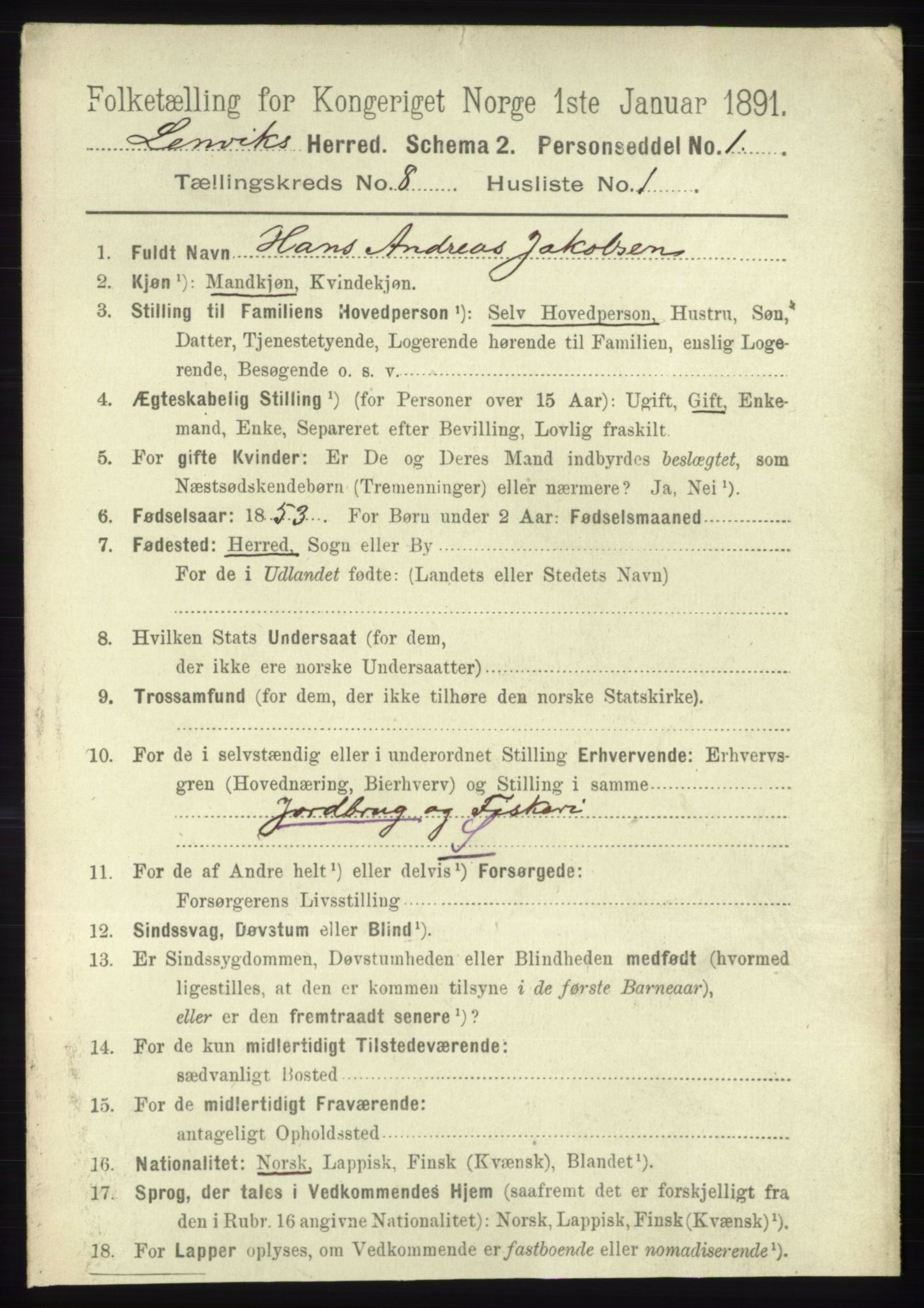 RA, 1891 census for 1931 Lenvik, 1891, p. 4391