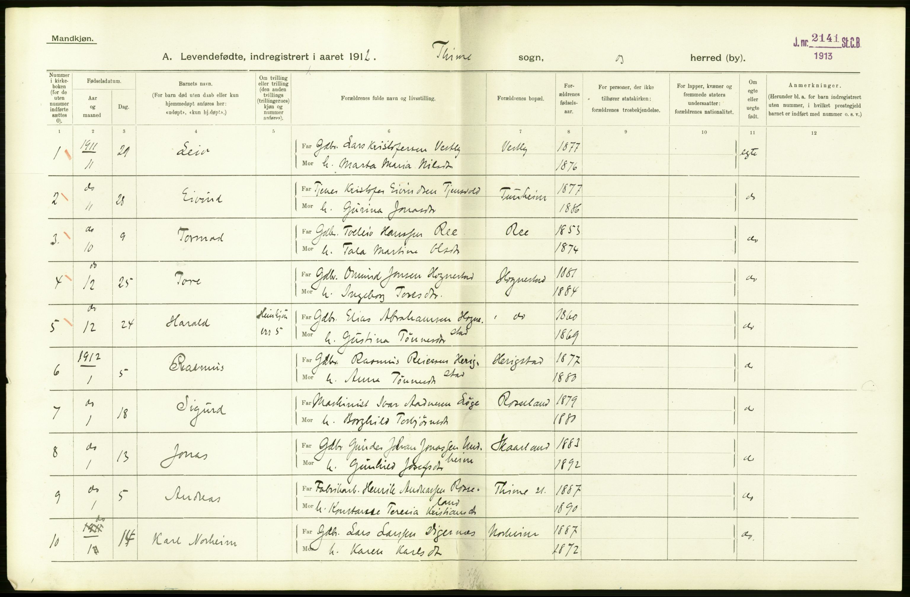 Statistisk sentralbyrå, Sosiodemografiske emner, Befolkning, AV/RA-S-2228/D/Df/Dfb/Dfbb/L0026: Stavanger amt: Levendefødte menn og kvinner. Bygder., 1912, p. 14