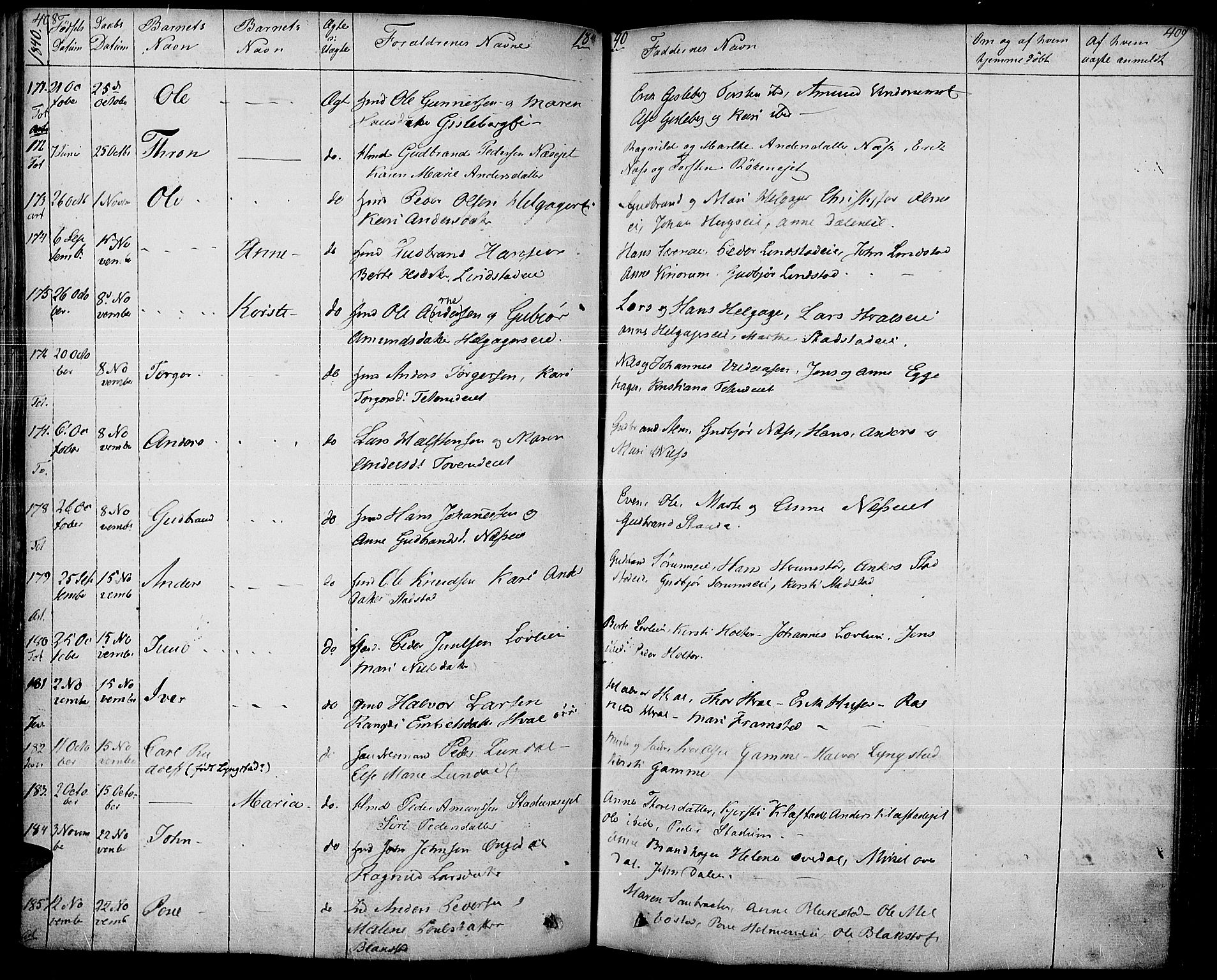 Gran prestekontor, SAH/PREST-112/H/Ha/Haa/L0010: Parish register (official) no. 10, 1824-1842, p. 408-409