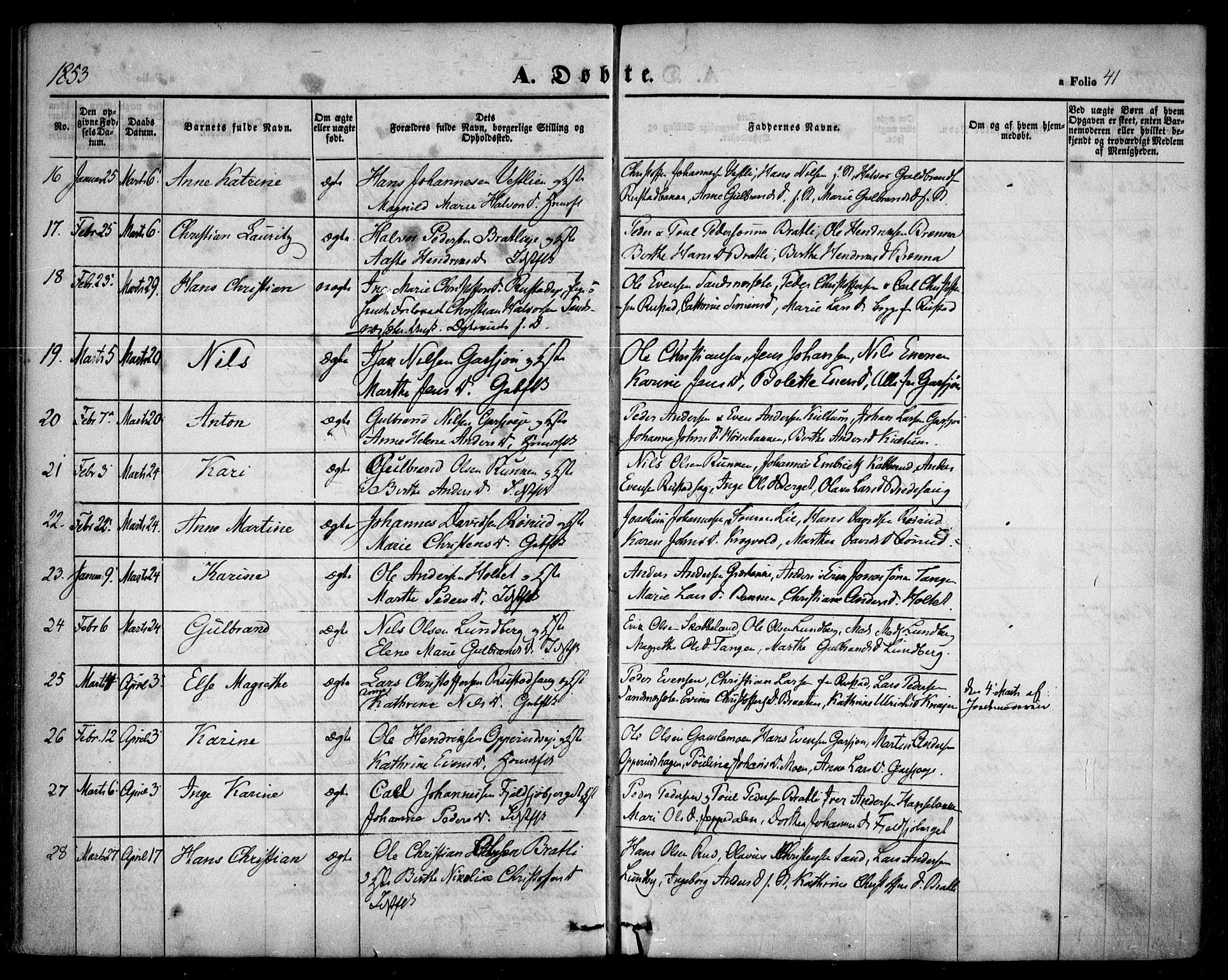 Hurdal prestekontor Kirkebøker, SAO/A-10889/F/Fa/L0005: Parish register (official) no. I 5, 1846-1859, p. 41