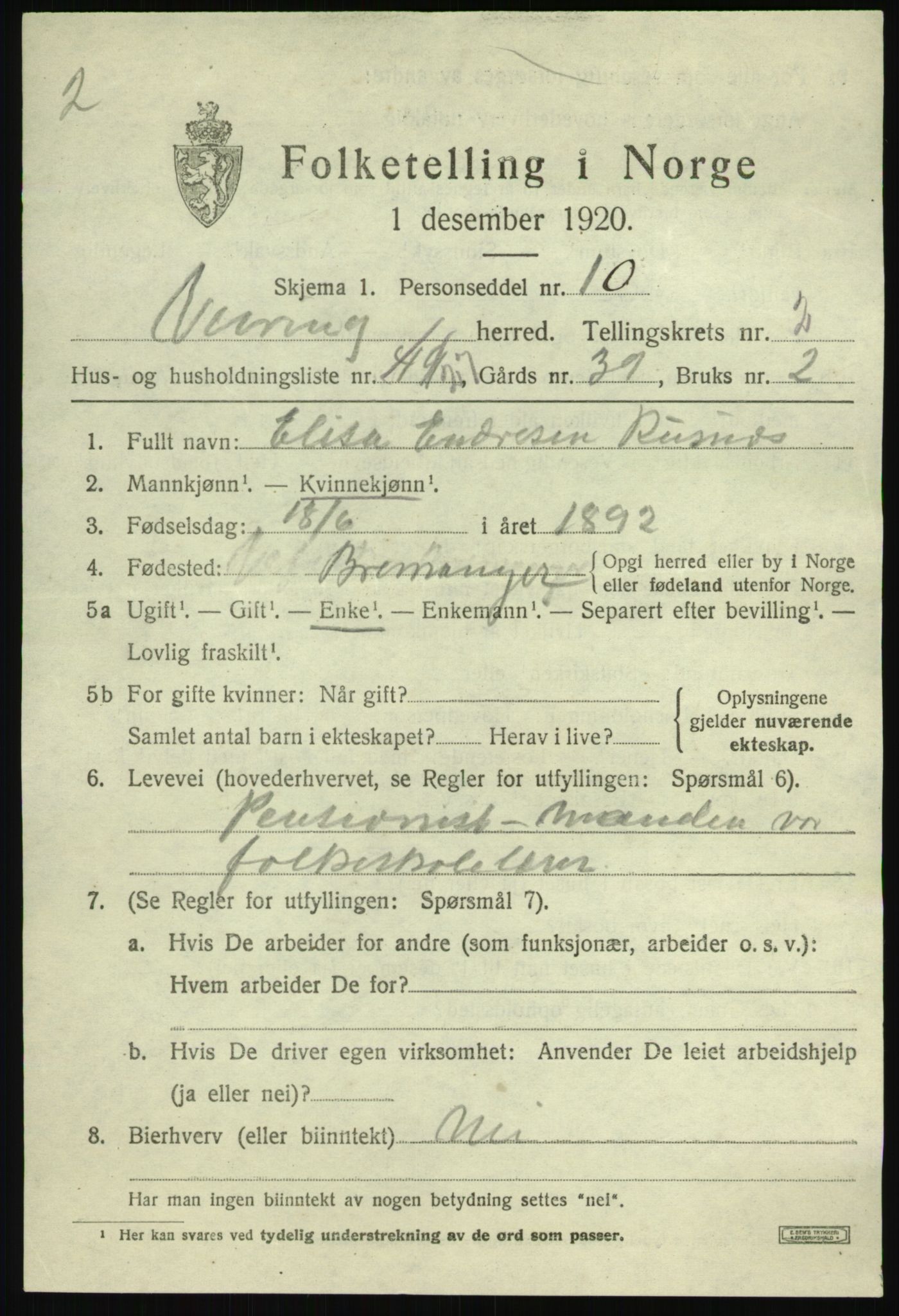 SAB, 1920 census for Vevring, 1920, p. 990