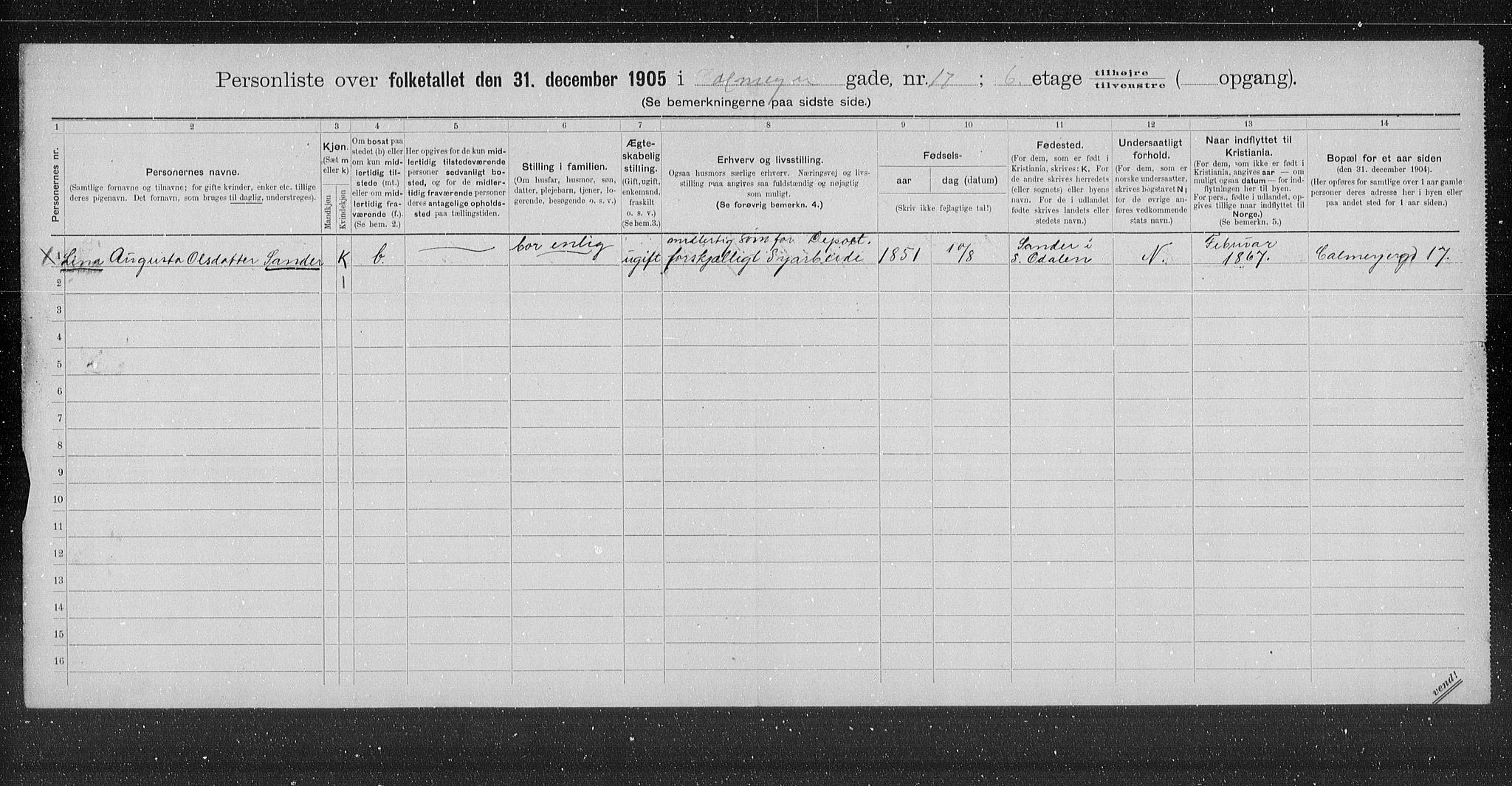 OBA, Municipal Census 1905 for Kristiania, 1905, p. 6037