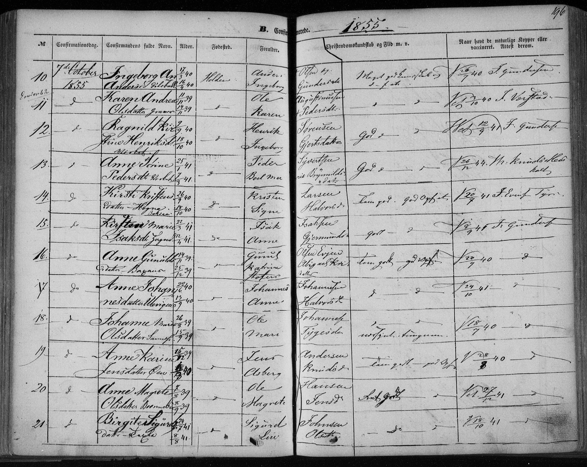 Holla kirkebøker, SAKO/A-272/F/Fa/L0005: Parish register (official) no. 5, 1849-1860, p. 196