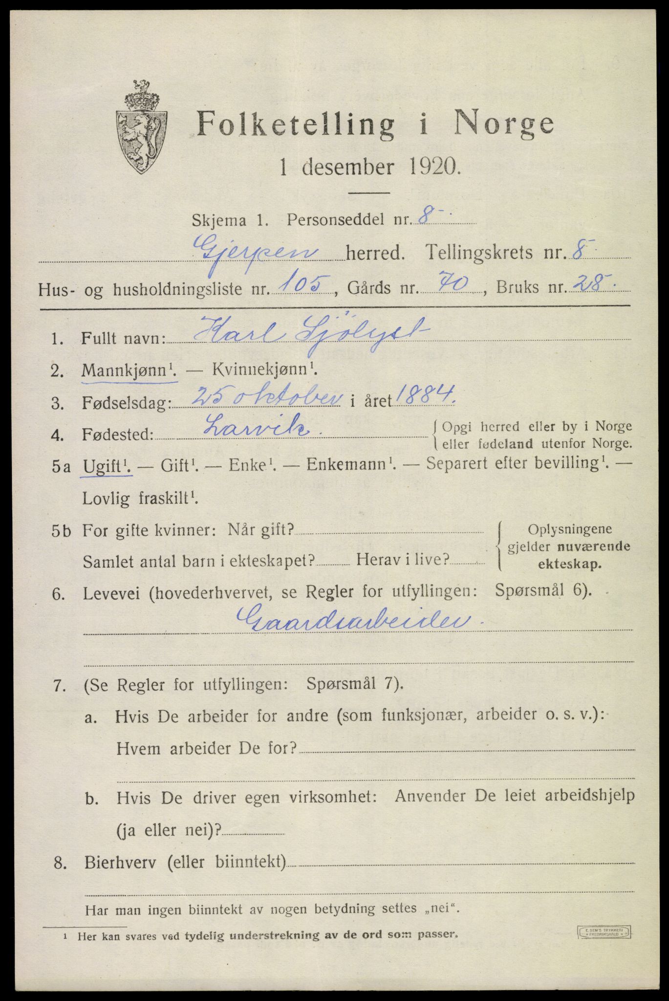 SAKO, 1920 census for Gjerpen, 1920, p. 10750