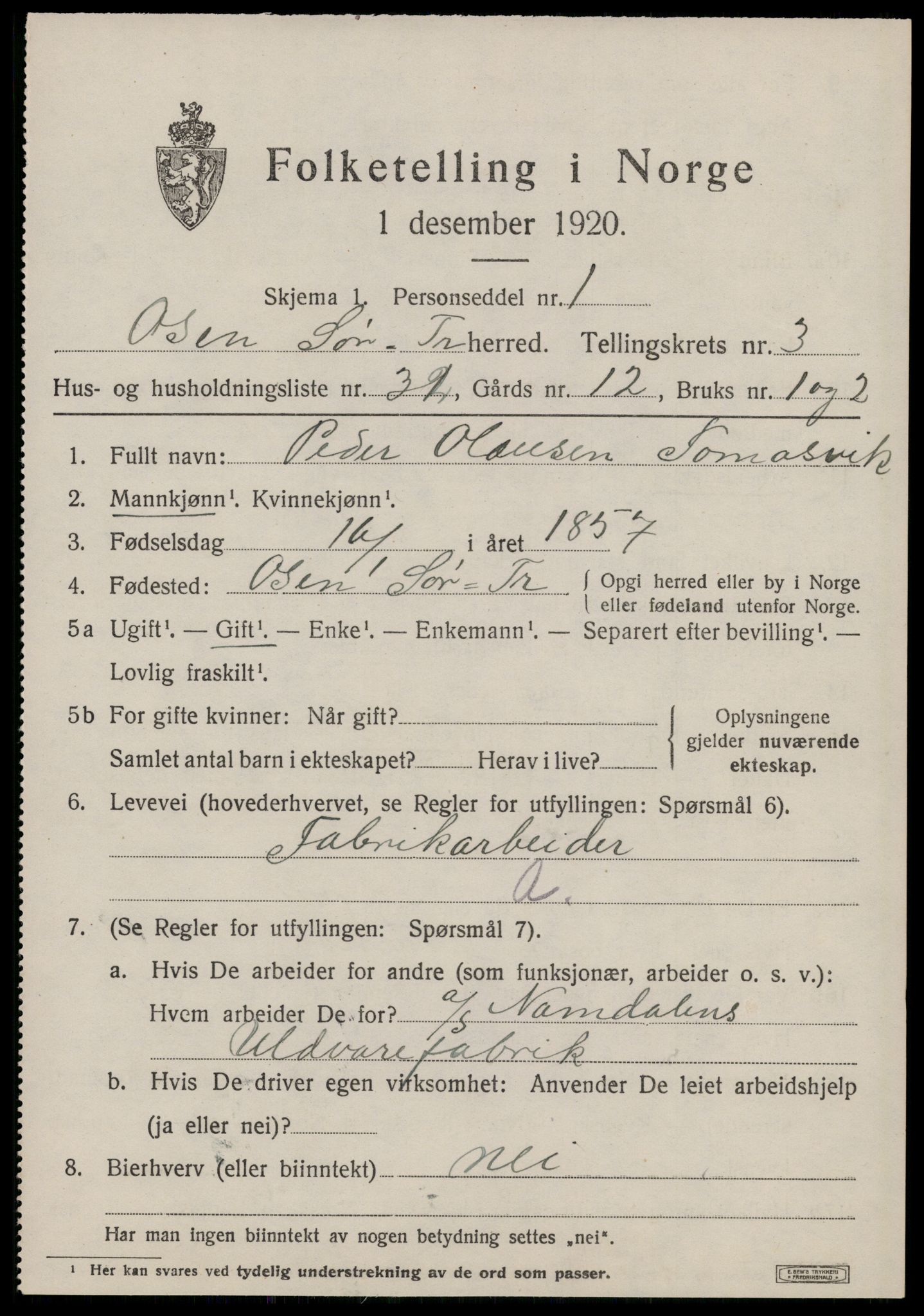 SAT, 1920 census for Osen, 1920, p. 1559