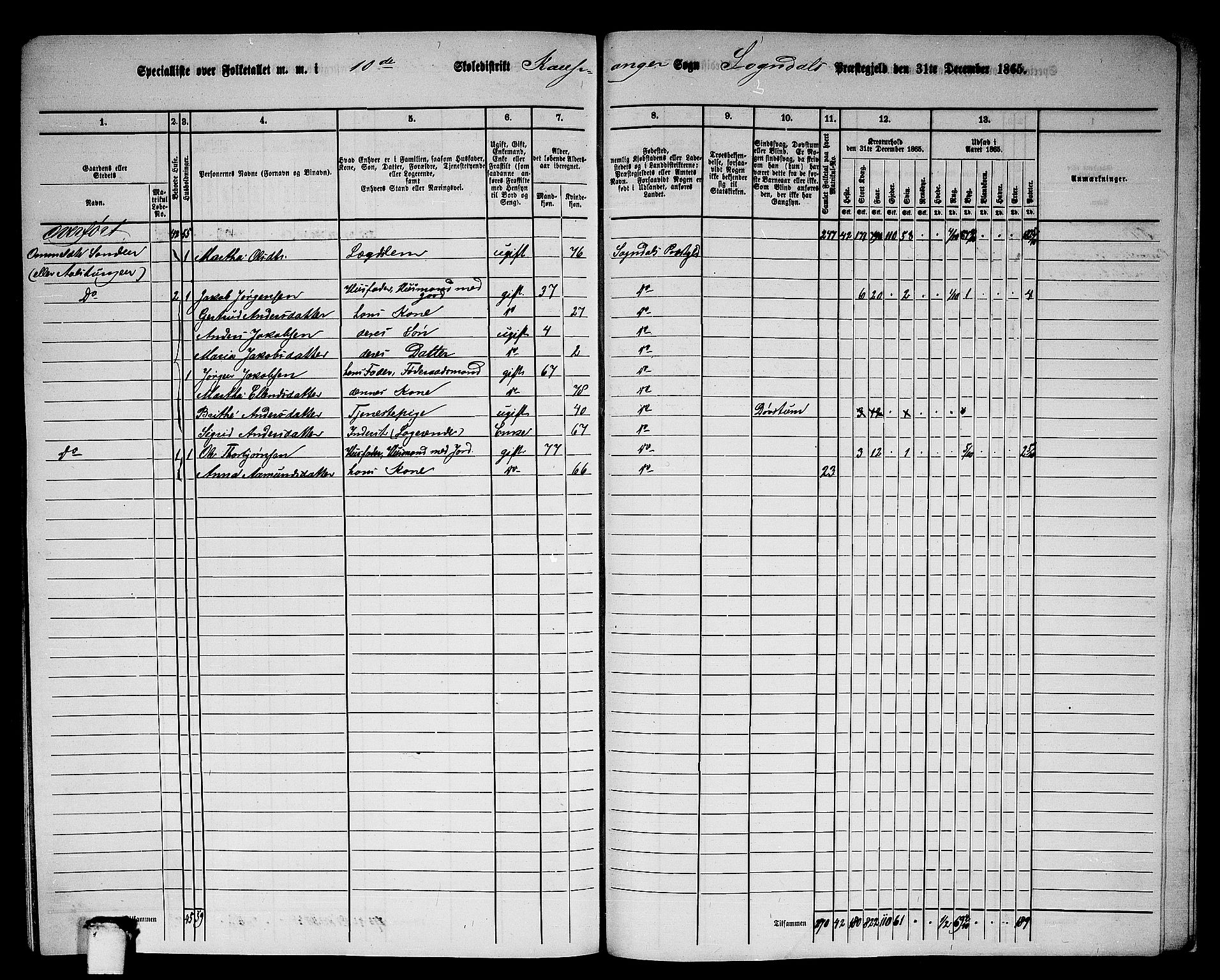 RA, 1865 census for Sogndal, 1865, p. 170