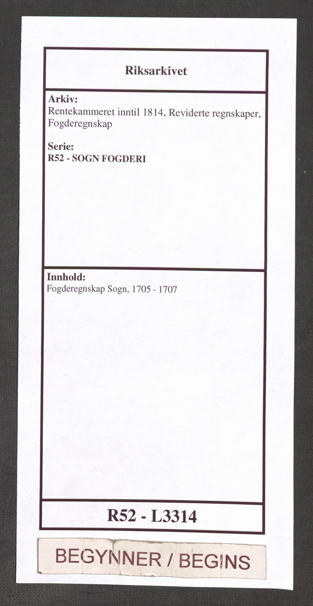 Rentekammeret inntil 1814, Reviderte regnskaper, Fogderegnskap, AV/RA-EA-4092/R52/L3314: Fogderegnskap Sogn, 1705-1707, p. 1