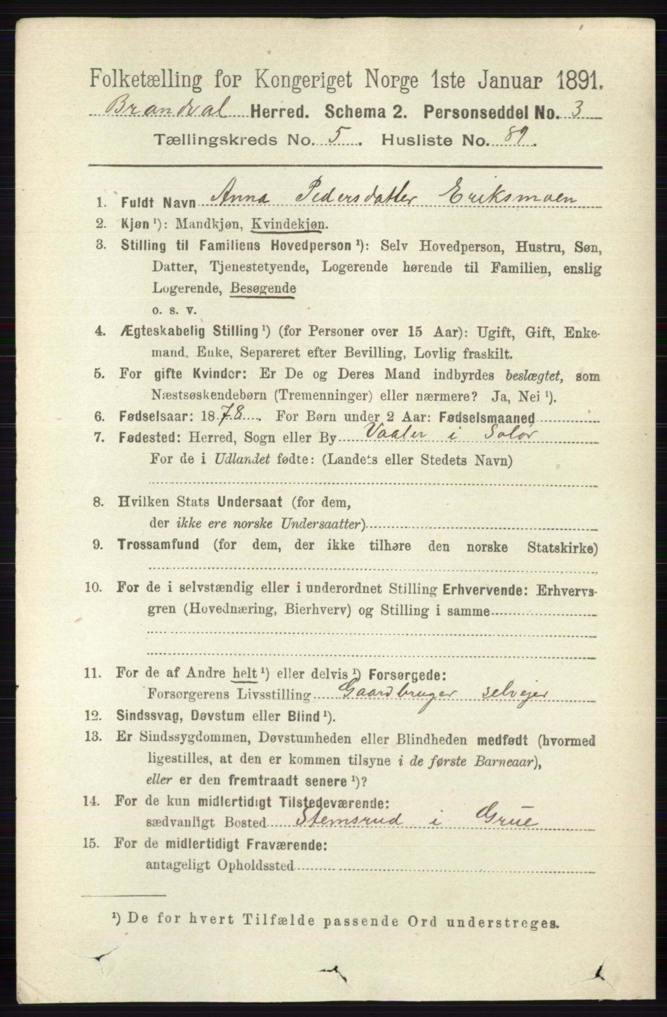 RA, 1891 census for 0422 Brandval, 1891, p. 2778