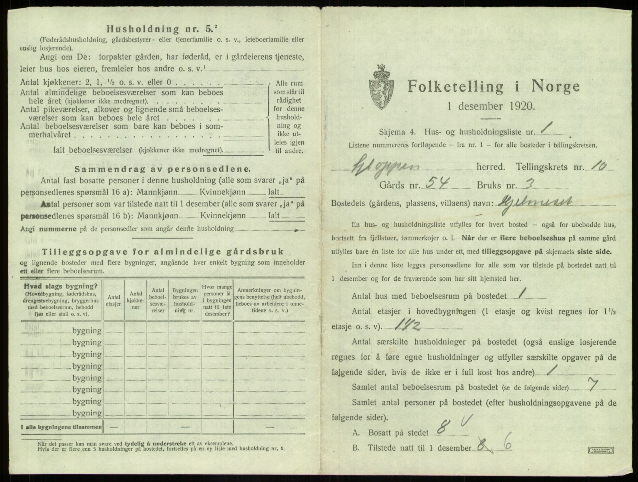 SAB, 1920 census for Gloppen, 1920, p. 654