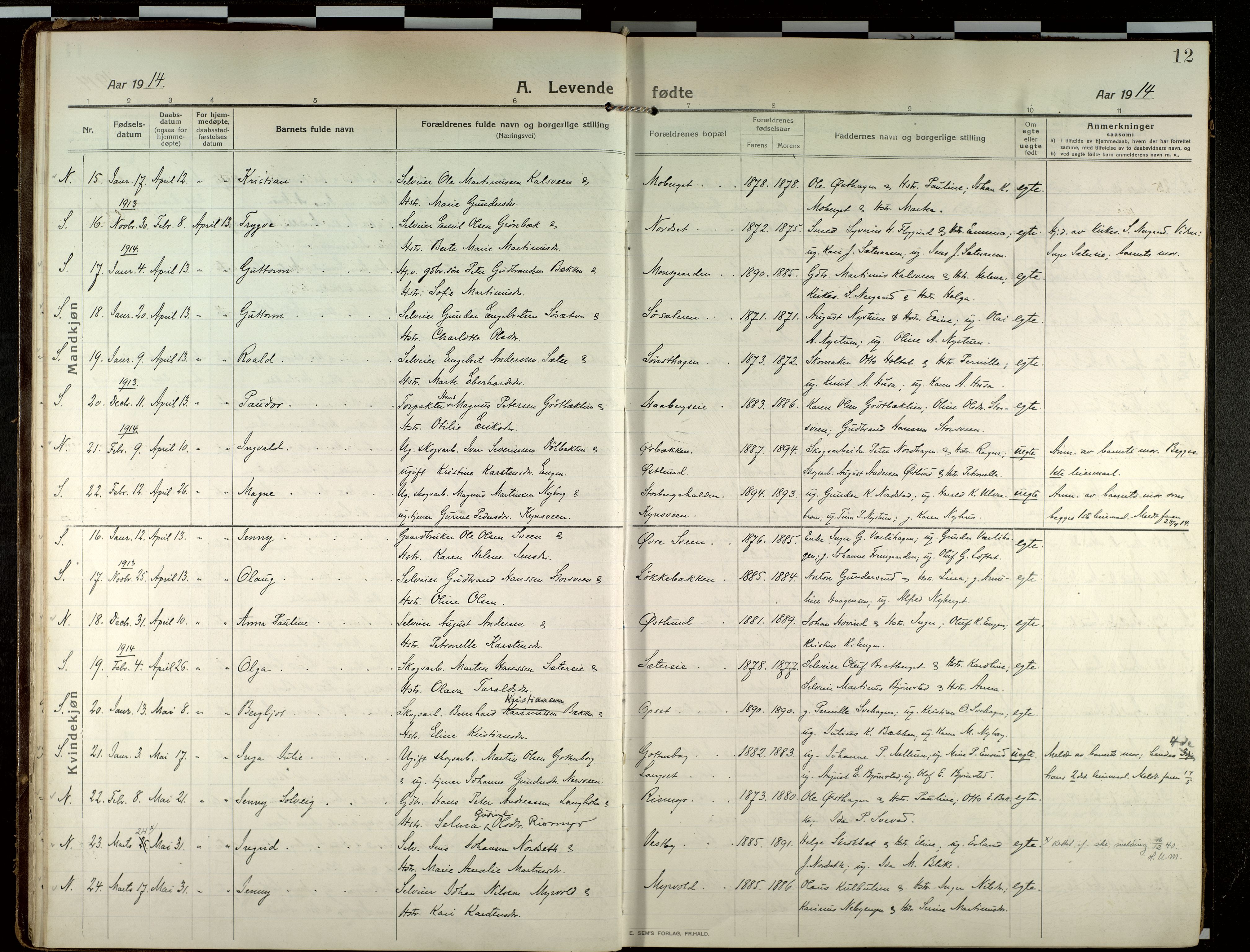 Elverum prestekontor, AV/SAH-PREST-044/H/Ha/Haa/L0022: Parish register (official) no. 22, 1913-1924, p. 12