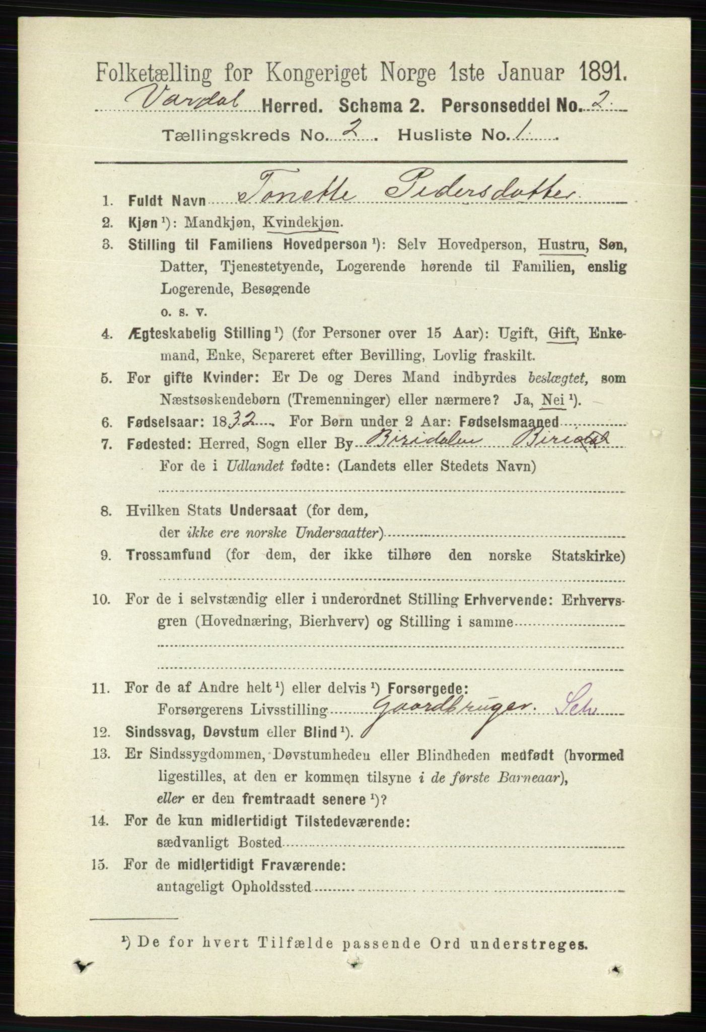 RA, 1891 census for 0527 Vardal, 1891, p. 525