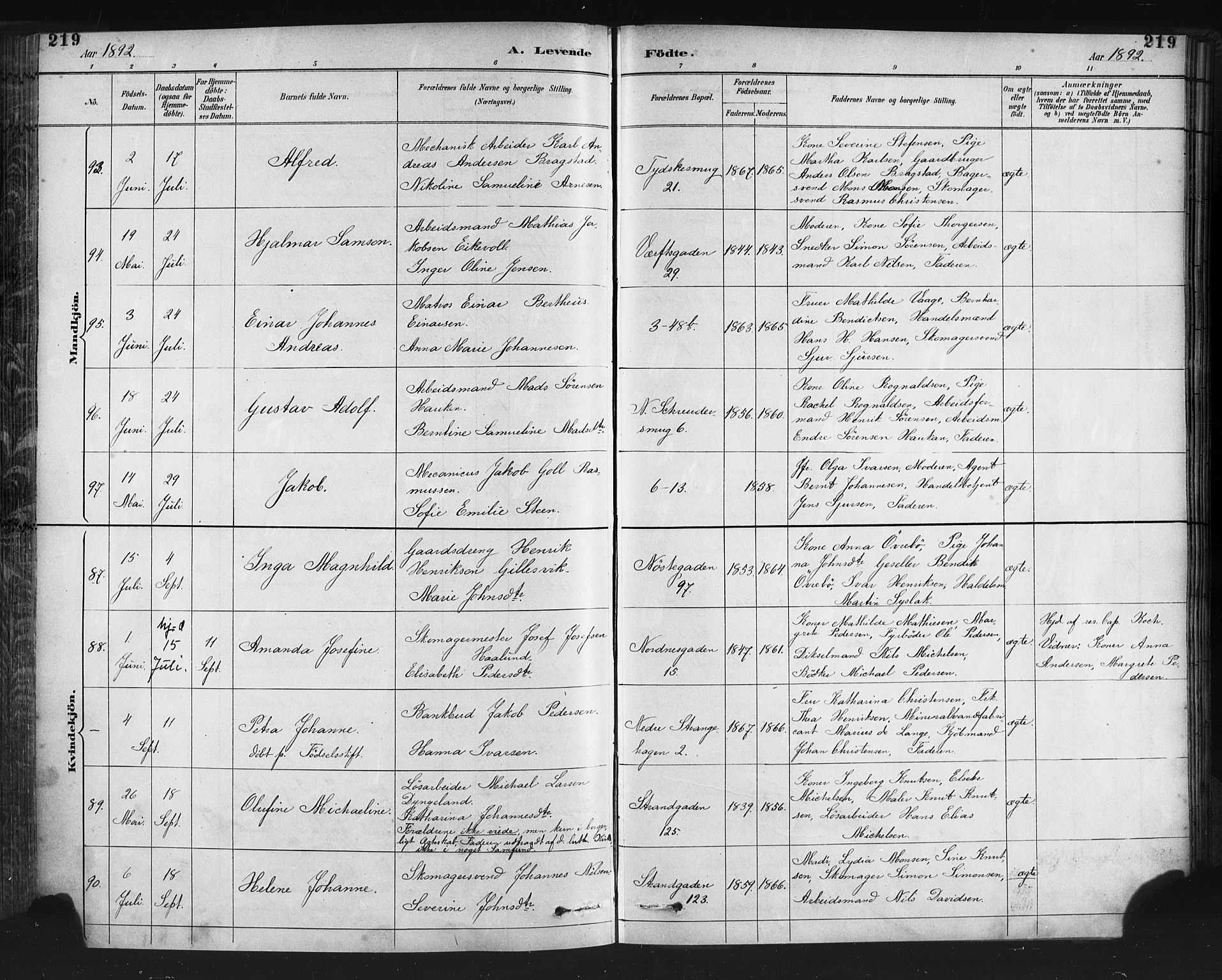 Nykirken Sokneprestembete, SAB/A-77101/H/Haa: Parish register (official) no. B 5, 1885-1894, p. 219
