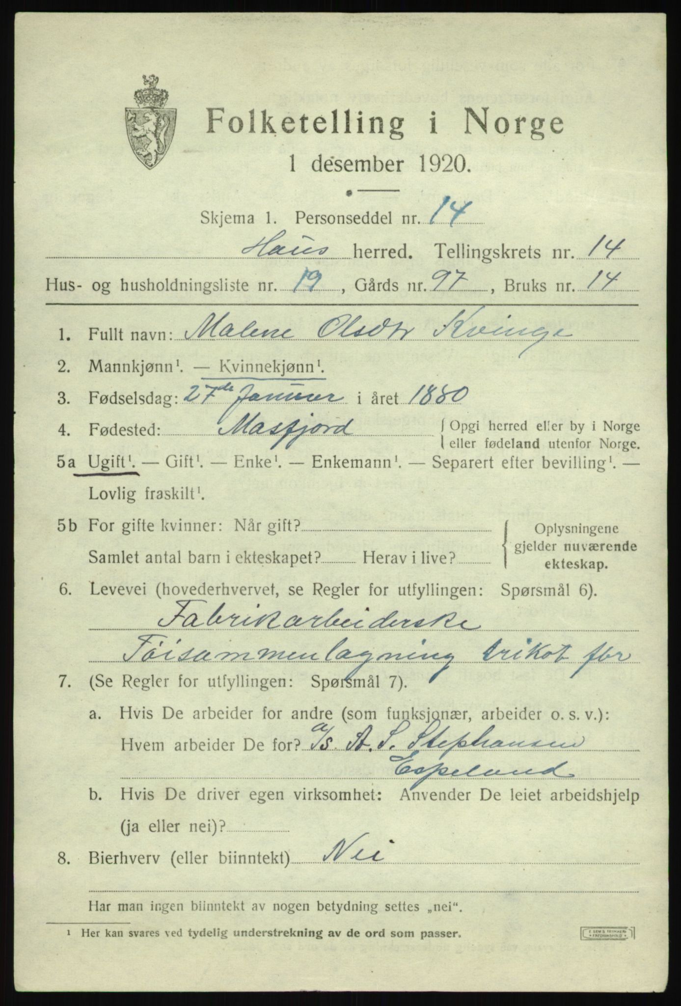 SAB, 1920 census for Haus, 1920, p. 9184