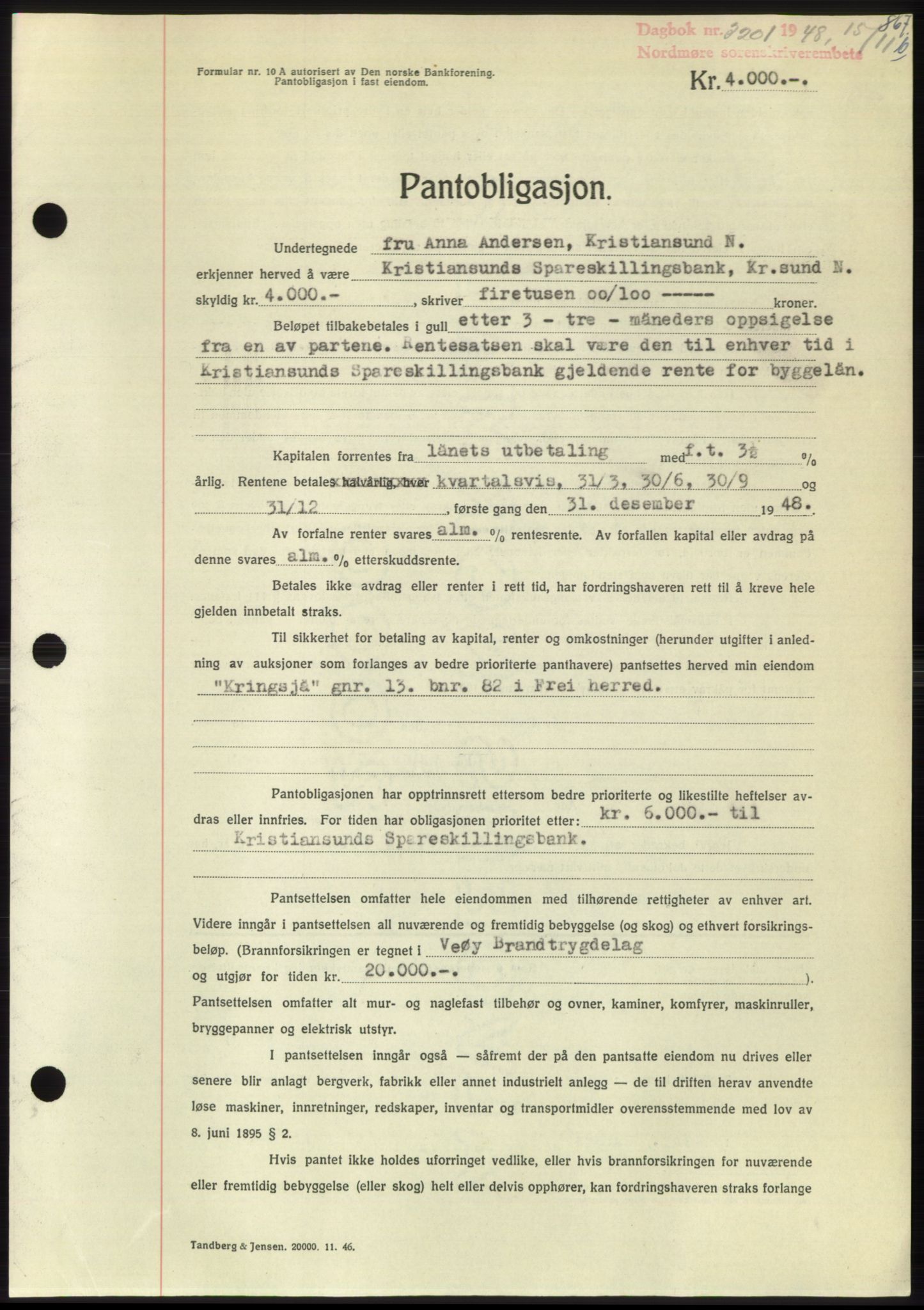 Nordmøre sorenskriveri, AV/SAT-A-4132/1/2/2Ca: Mortgage book no. B100, 1948-1949, Diary no: : 3201/1948