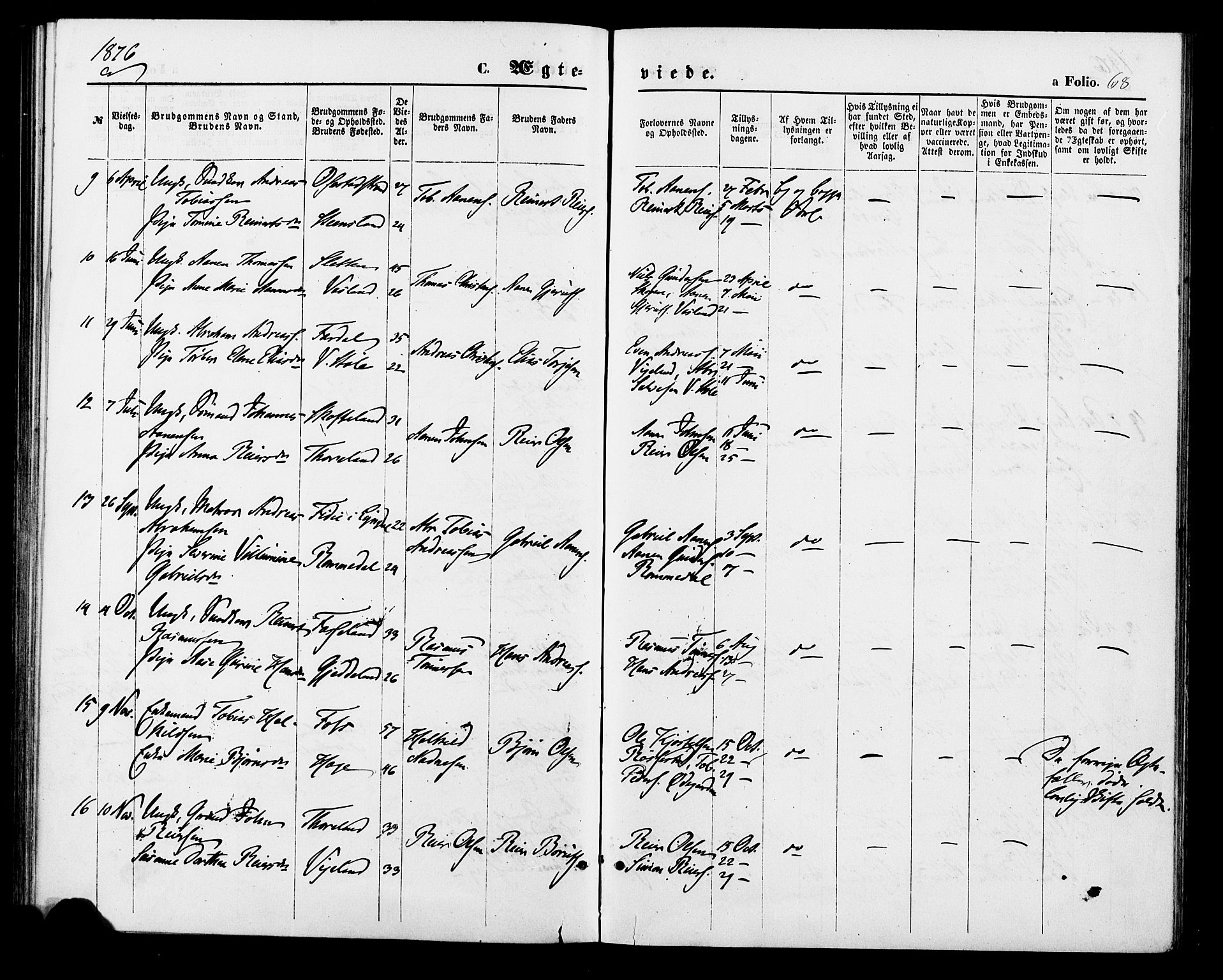 Sør-Audnedal sokneprestkontor, SAK/1111-0039/F/Fa/Fab/L0008: Parish register (official) no. A 8, 1876-1881, p. 68