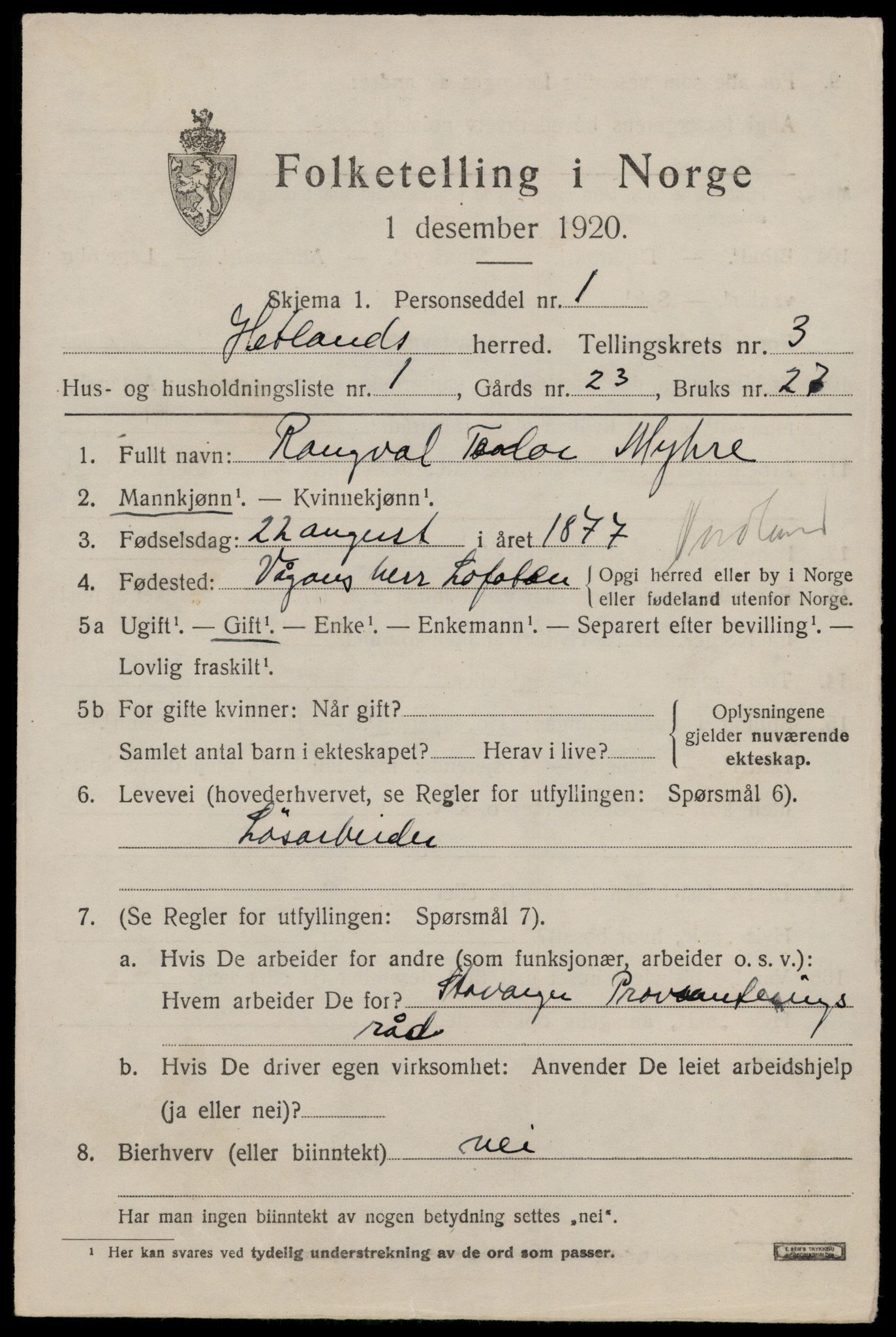 SAST, 1920 census for Hetland, 1920, p. 5209