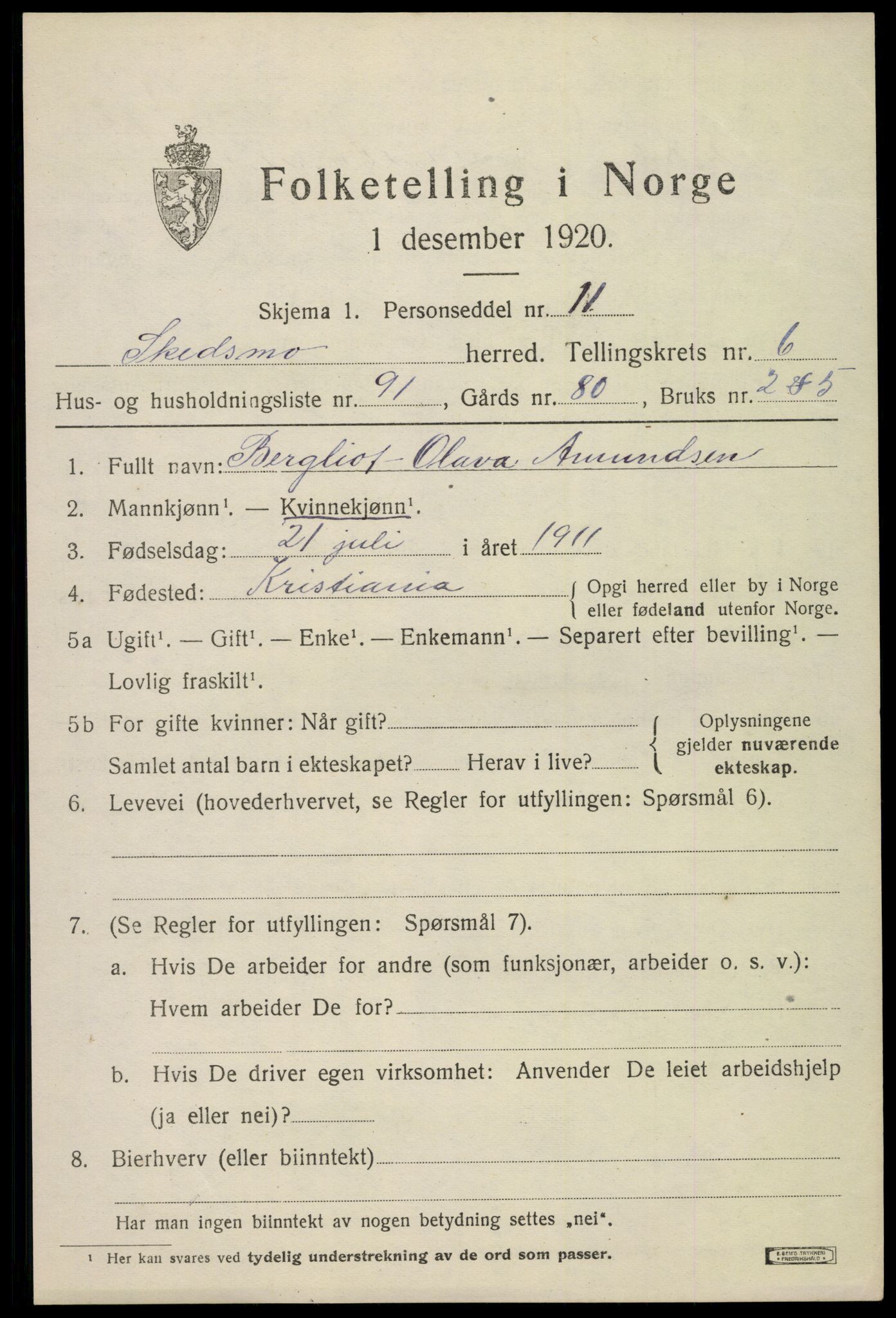 SAO, 1920 census for Skedsmo, 1920, p. 7181