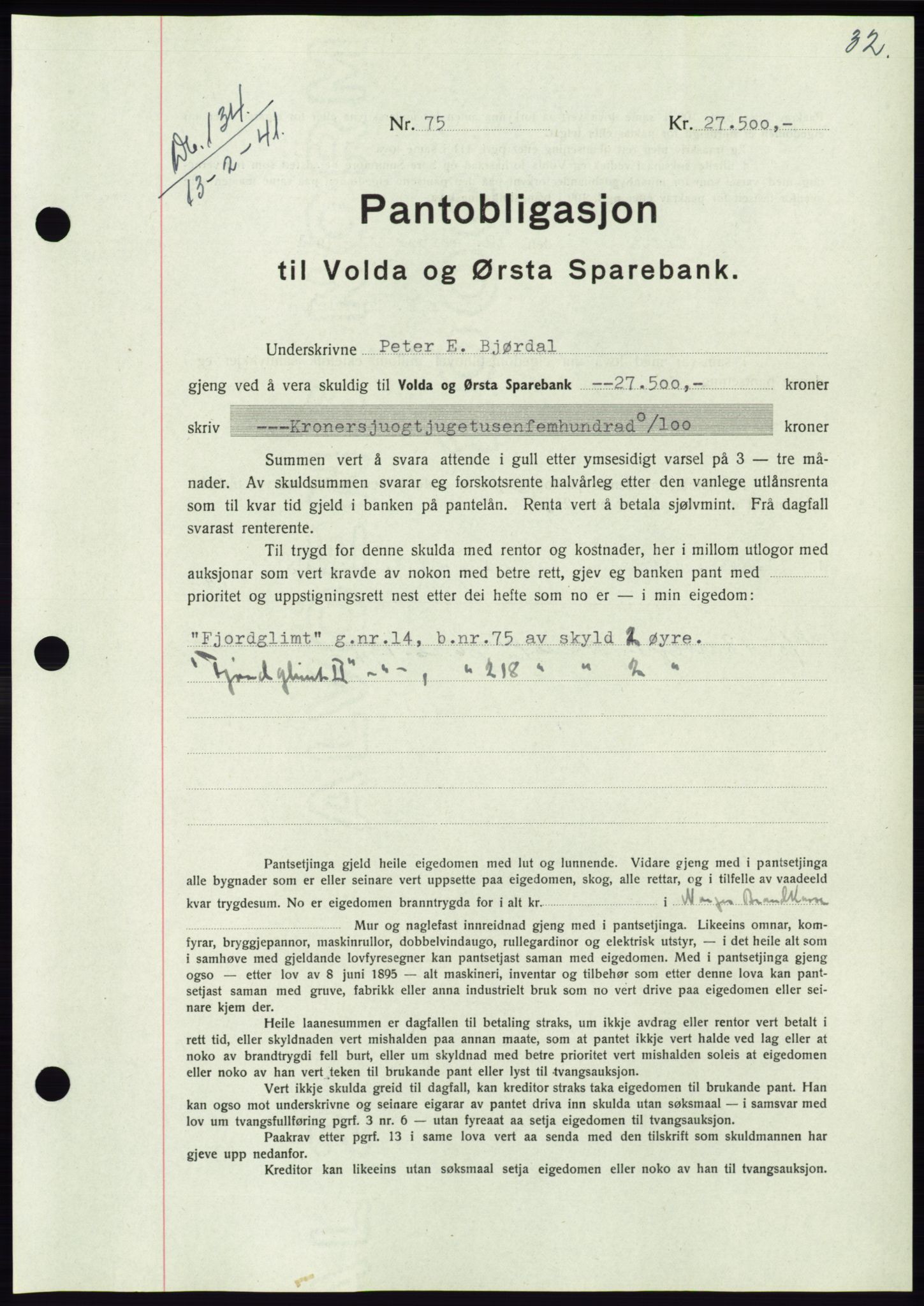 Søre Sunnmøre sorenskriveri, AV/SAT-A-4122/1/2/2C/L0071: Mortgage book no. 65, 1941-1941, Diary no: : 134/1941