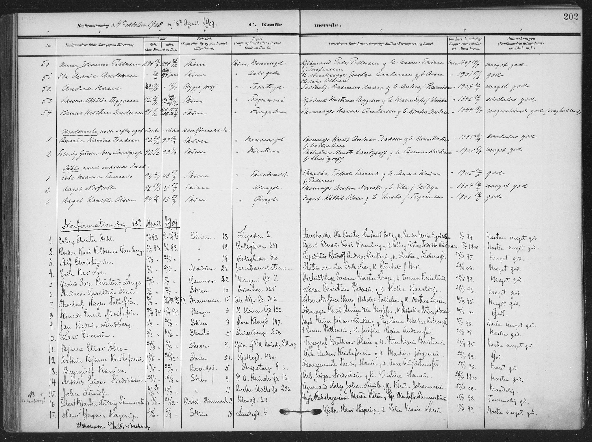 Skien kirkebøker, SAKO/A-302/F/Fa/L0012: Parish register (official) no. 12, 1908-1914, p. 202