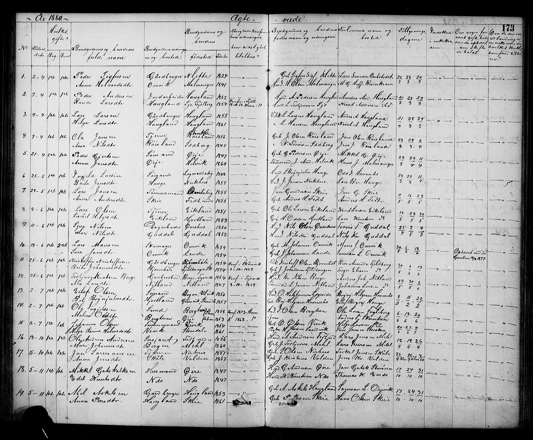 Kvinnherad sokneprestembete, AV/SAB-A-76401/H/Hab: Parish register (copy) no. A 2, 1873-1900, p. 173