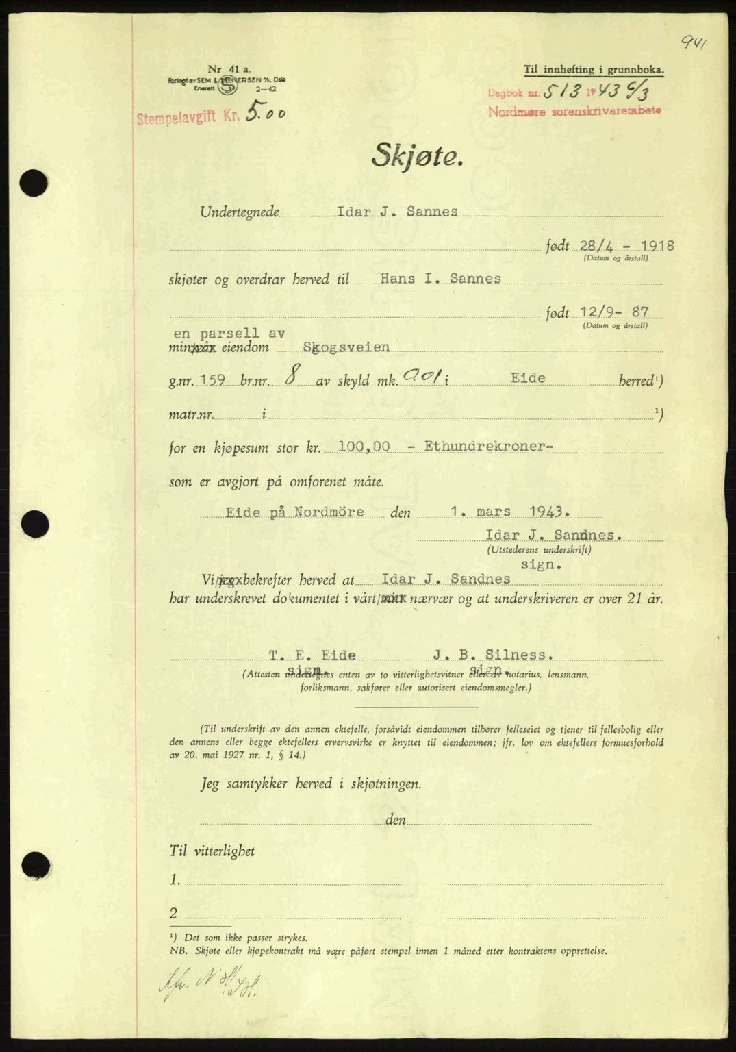 Nordmøre sorenskriveri, AV/SAT-A-4132/1/2/2Ca: Mortgage book no. A94, 1942-1943, Diary no: : 513/1943