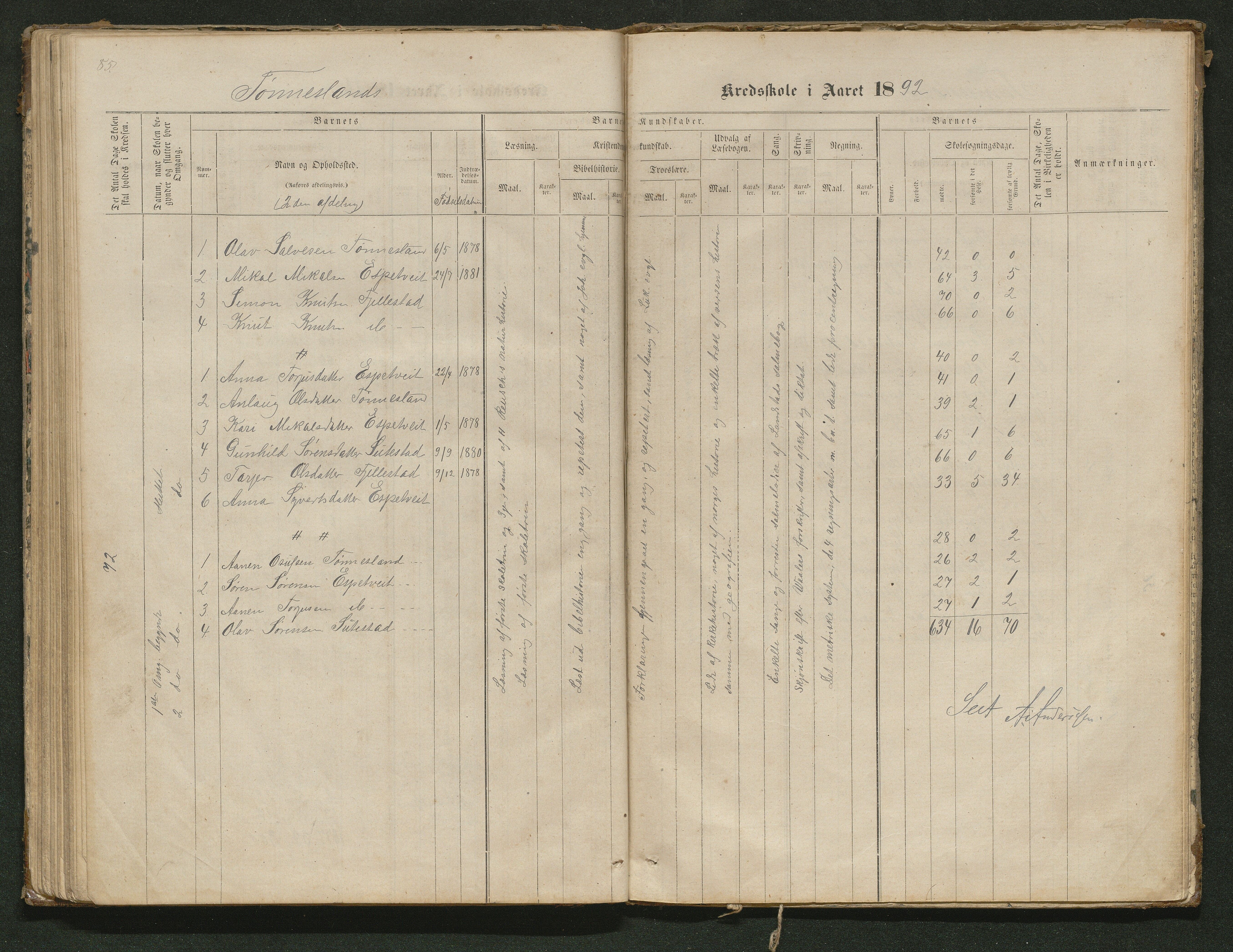 Hornnes kommune, Tønnesvold, Abusland skolekretser, AAKS/KA0936-550g/F1/L0001: Skoleprotokoll Abusland, Tønnesvold, 1864-1896, p. 85