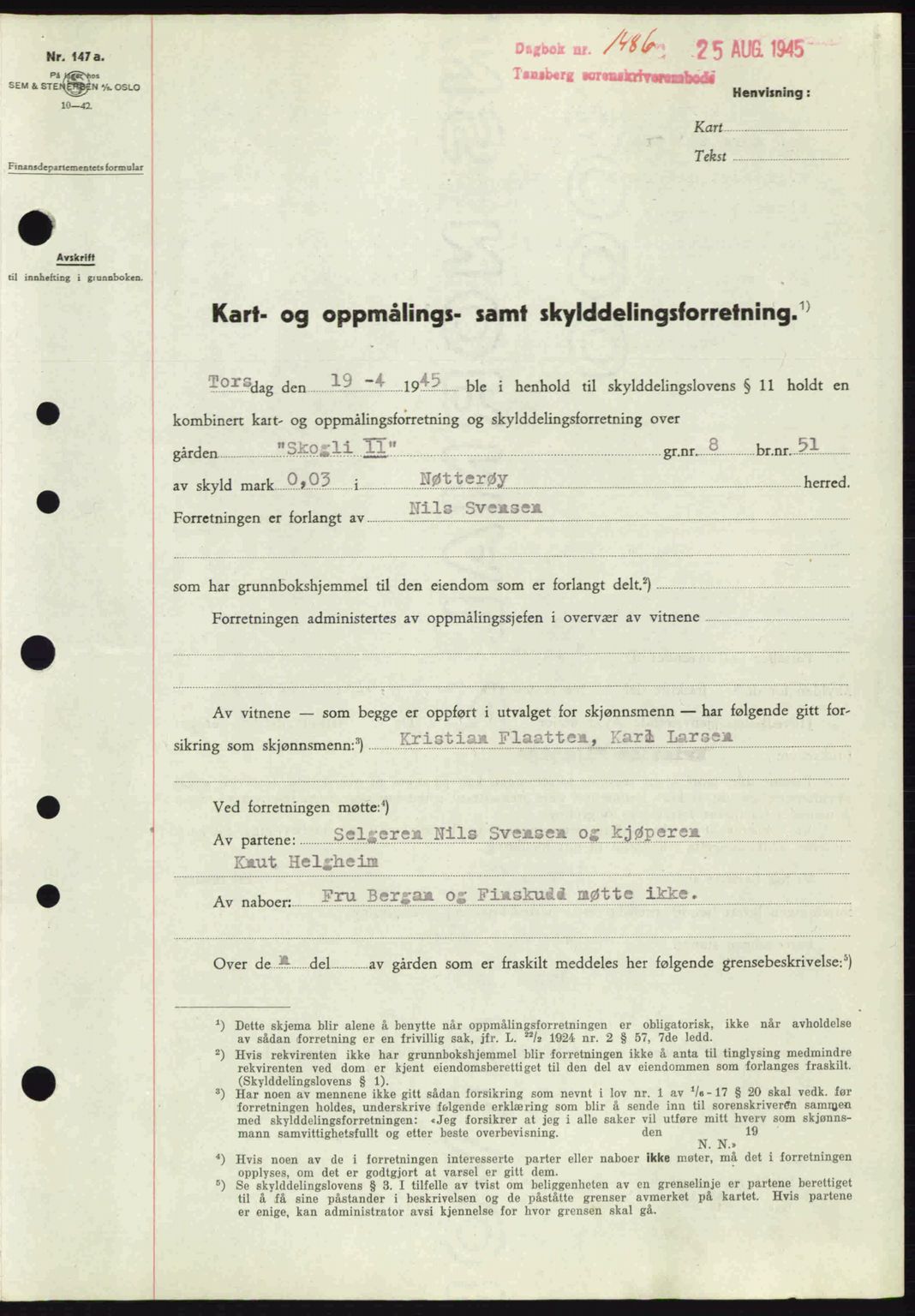 Tønsberg sorenskriveri, AV/SAKO-A-130/G/Ga/Gaa/L0017a: Mortgage book no. A17a, 1945-1945, Diary no: : 1486/1945