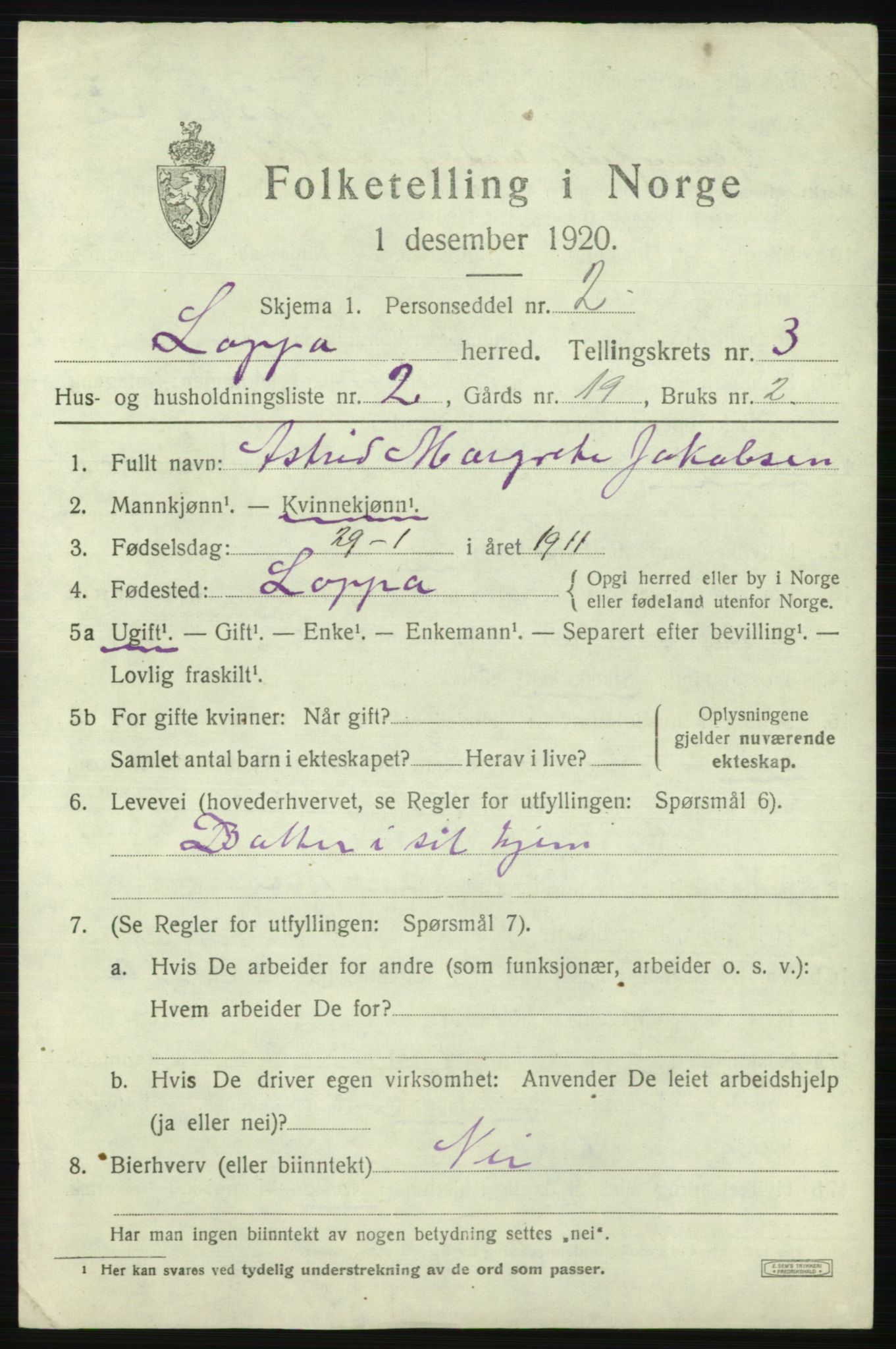 SATØ, 1920 census for Loppa, 1920, p. 1032