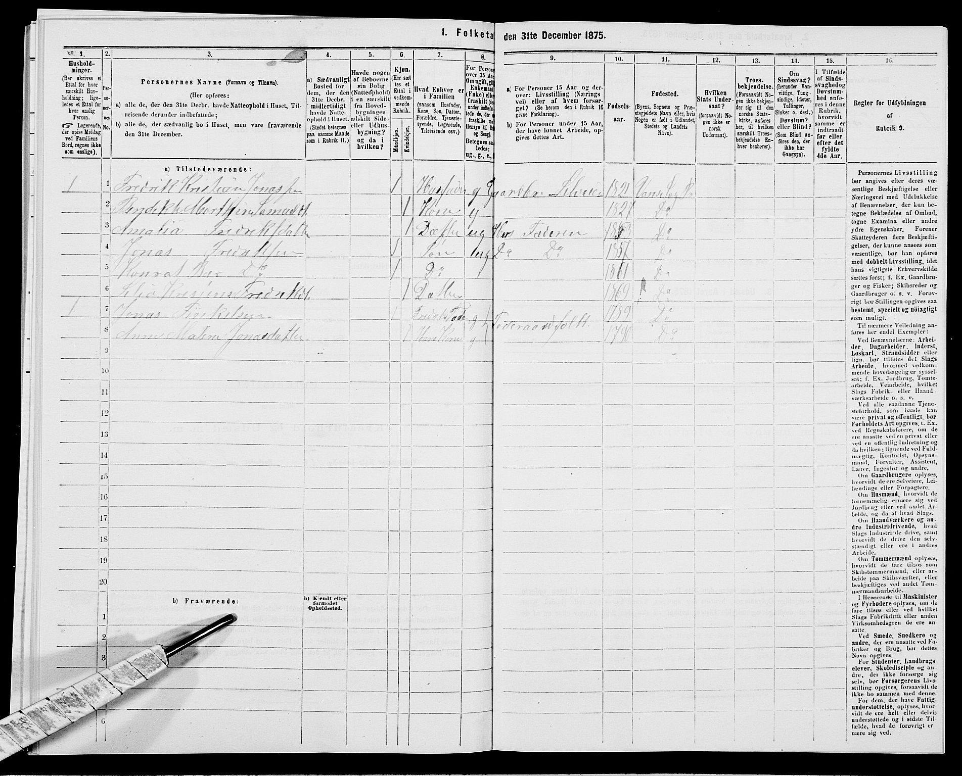 SAK, 1875 census for 1041L Vanse/Vanse og Farsund, 1875, p. 1878