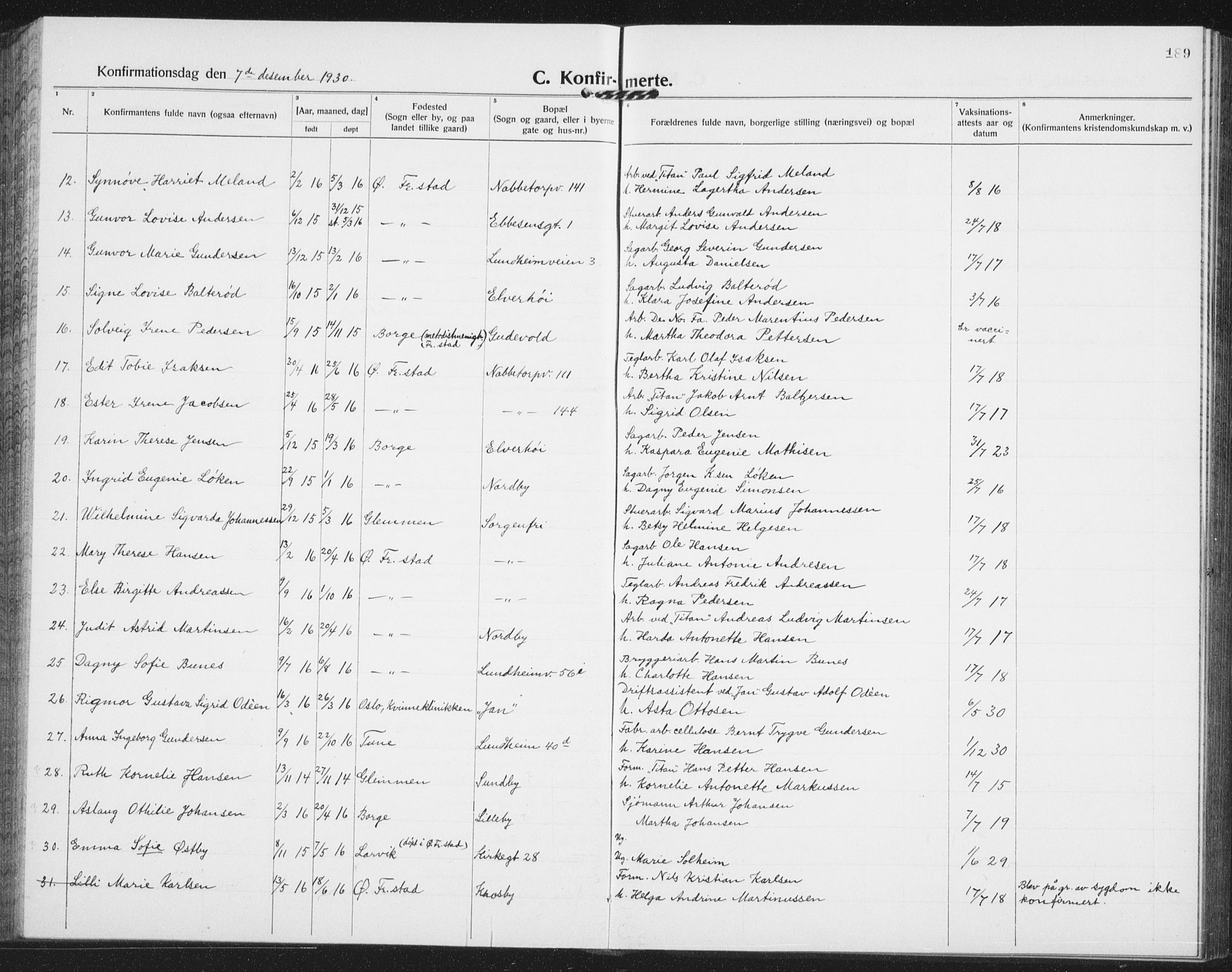 Østre Fredrikstad prestekontor Kirkebøker, AV/SAO-A-10907/G/Ga/L0003: Parish register (copy) no. 3, 1920-1940, p. 189