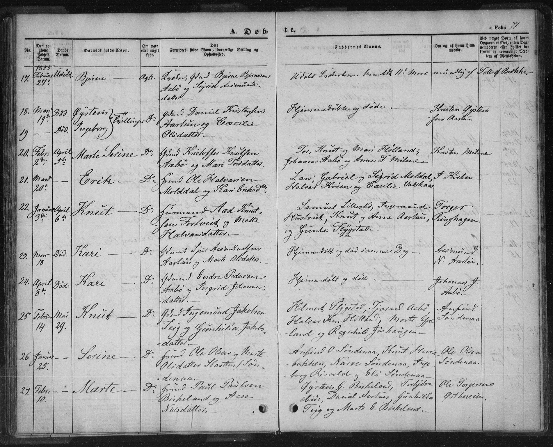 Sand sokneprestkontor, AV/SAST-A-101848/01/III/L0002: Parish register (official) no. A 2, 1838-1859, p. 71