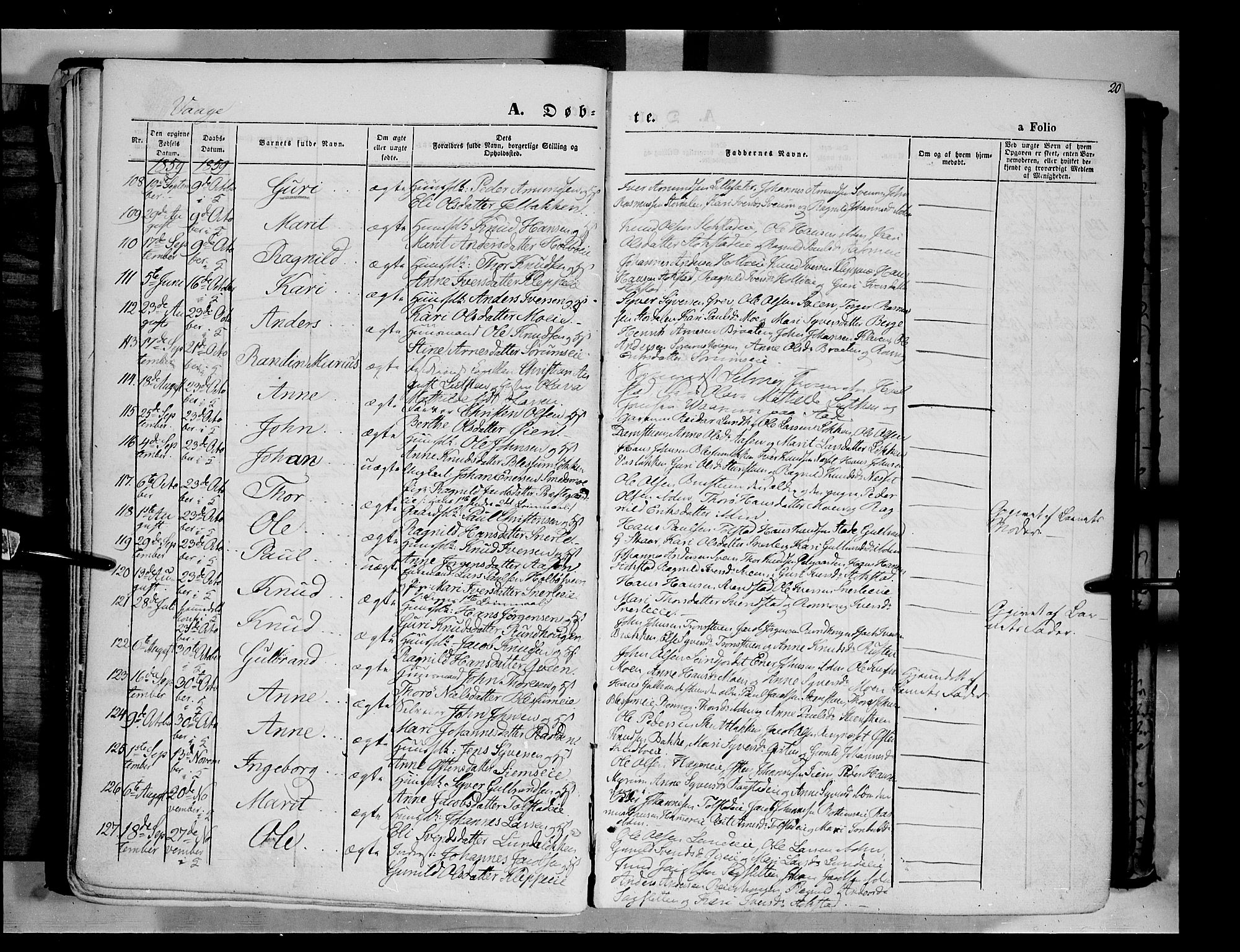 Vågå prestekontor, SAH/PREST-076/H/Ha/Haa/L0006: Parish register (official) no. 6 /1, 1856-1872, p. 20