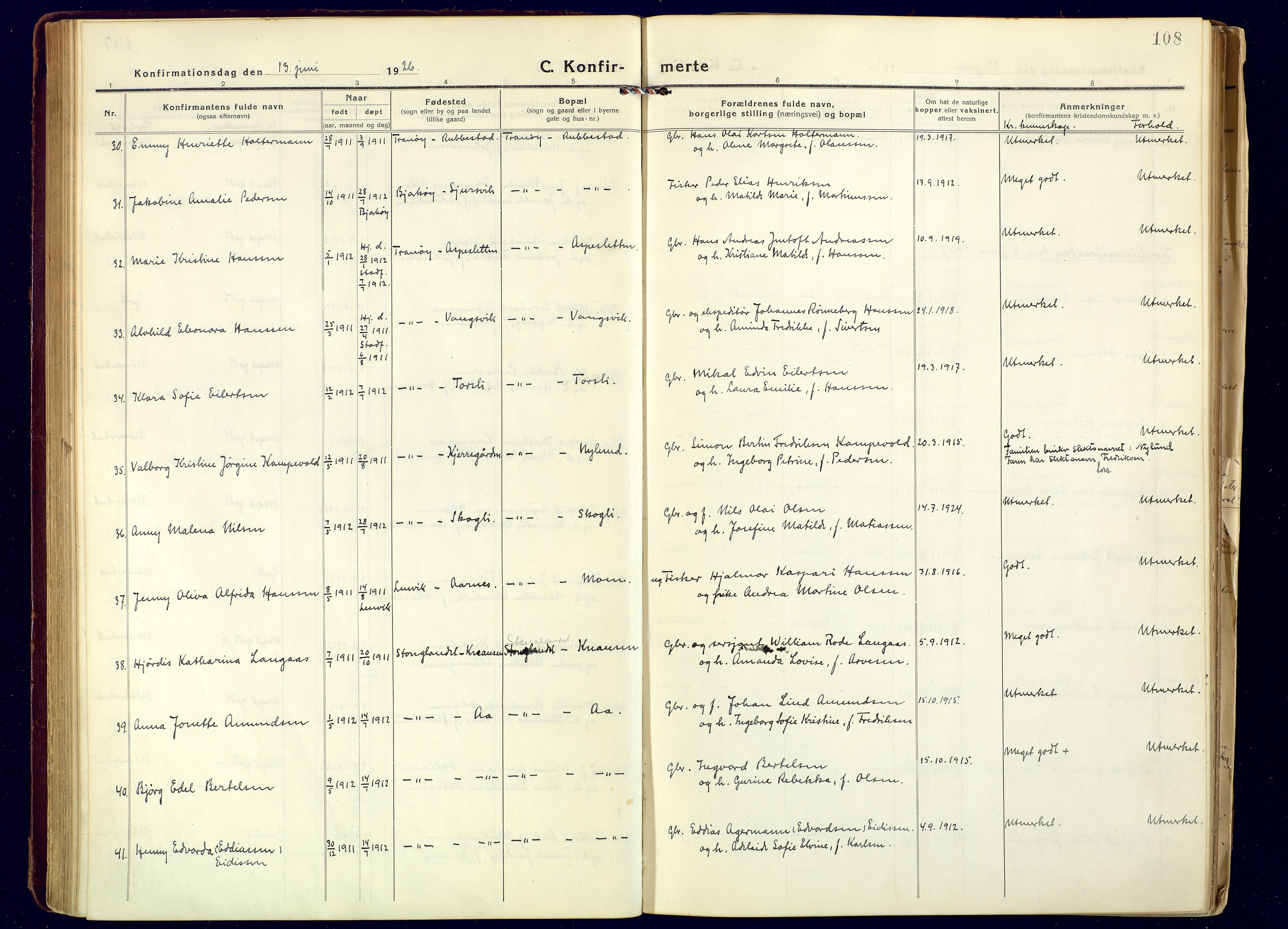 Tranøy sokneprestkontor, AV/SATØ-S-1313/I/Ia/Iaa/L0016kirke: Parish register (official) no. 16, 1919-1932, p. 108