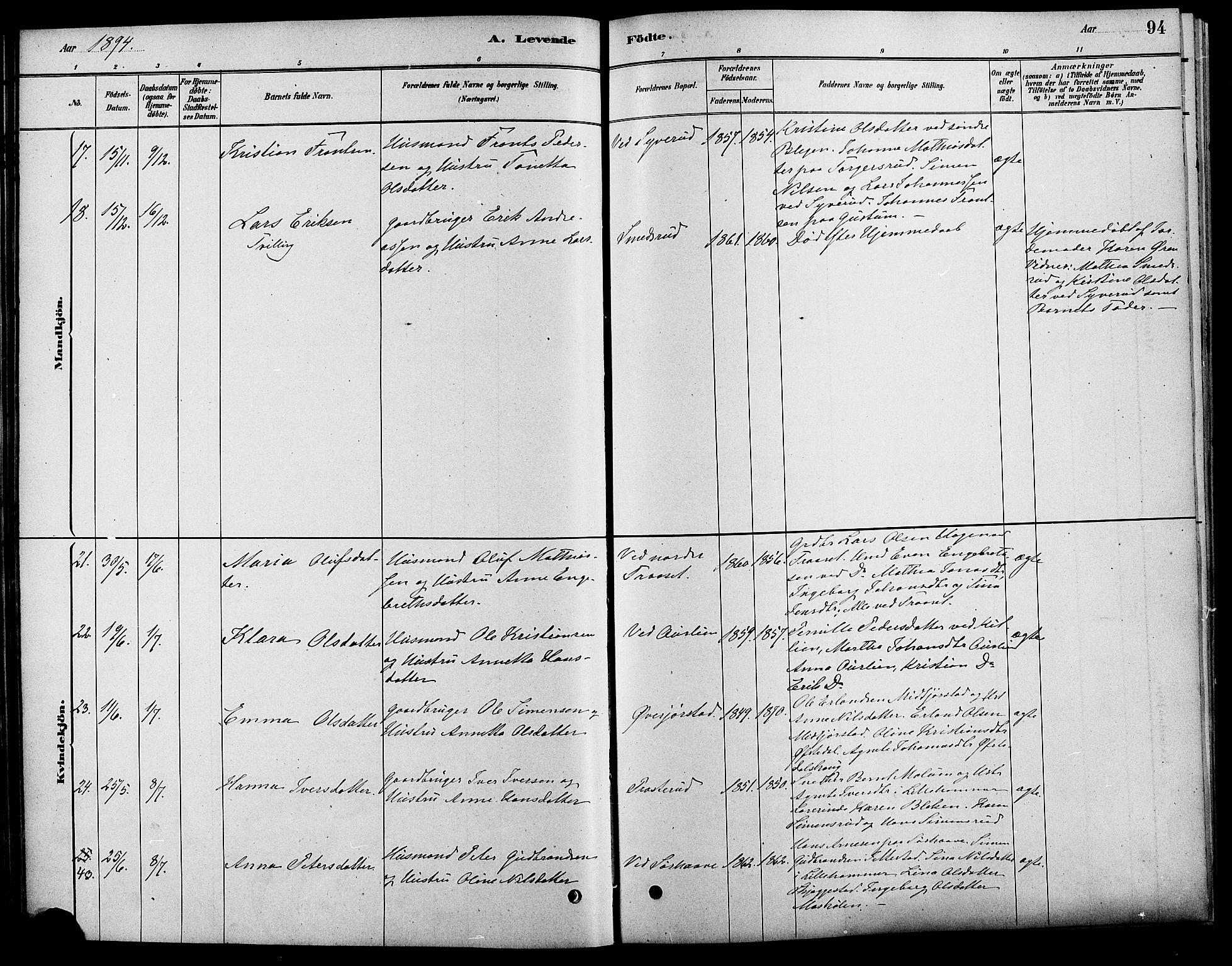 Fåberg prestekontor, SAH/PREST-086/H/Ha/Haa/L0008: Parish register (official) no. 8, 1879-1898, p. 94