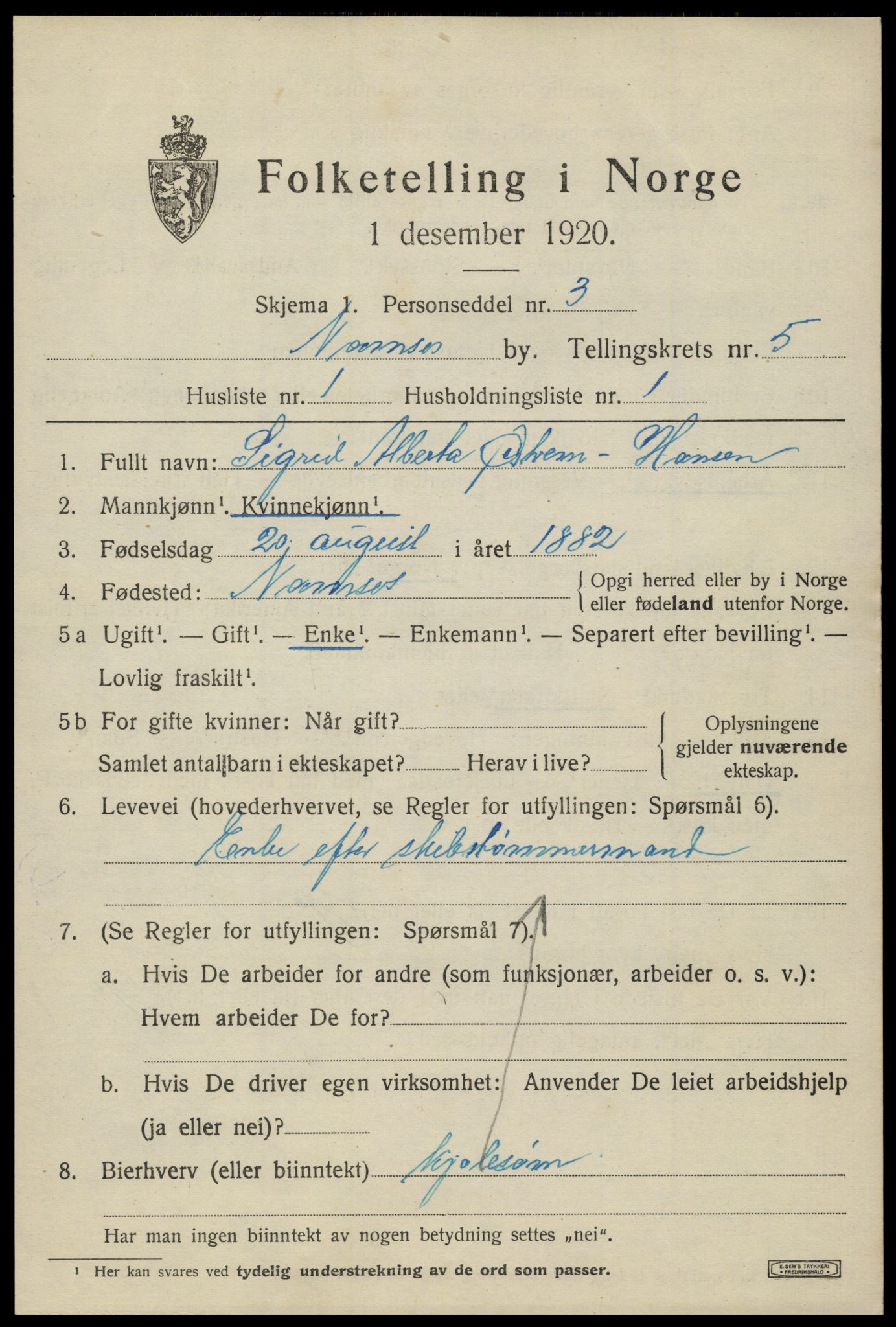 SAT, 1920 census for Namsos, 1920, p. 5649